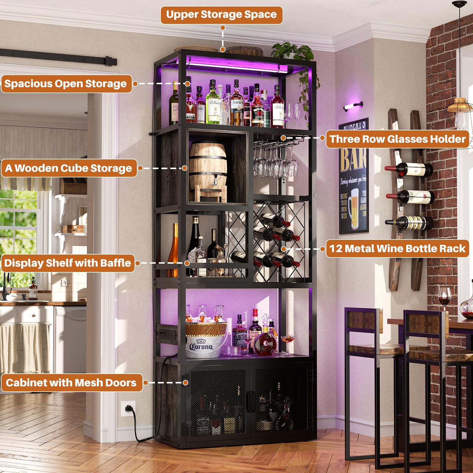 Armocity 82.6" Tall Bar Cabinet with Power Outlets & LED Lights, Liquor Cabinet Bar for Home, Reversible Coffee Station Wine Cabinet with Glass Holder & Wine Rack for Small Space, Grey Oak