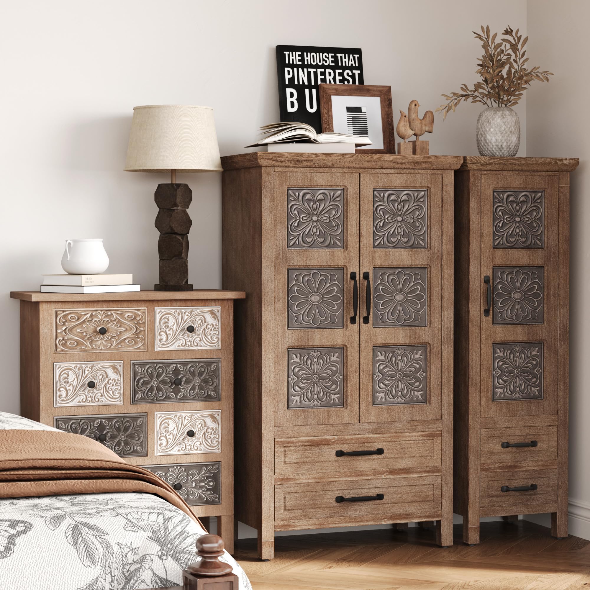 COSIEST 48" Tall Farmhouse Accent Cabinet with Doors and 2 Drawers, Rustic Wood Storage Buffet, Embossed Metal Floral Carving Chest with Adjustable Shelves for Living Room, Entryway, Dining Room