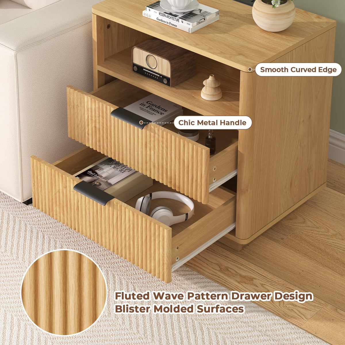 HOMMPA 24'' Fluted Nightstand Set of 2 with Charging Station, Modern Night Stand with 2 USB Ports & 2 AC Outlets, Wood Bedside Table with Open Compartment, 2 Drawer Side Table for Bedroom