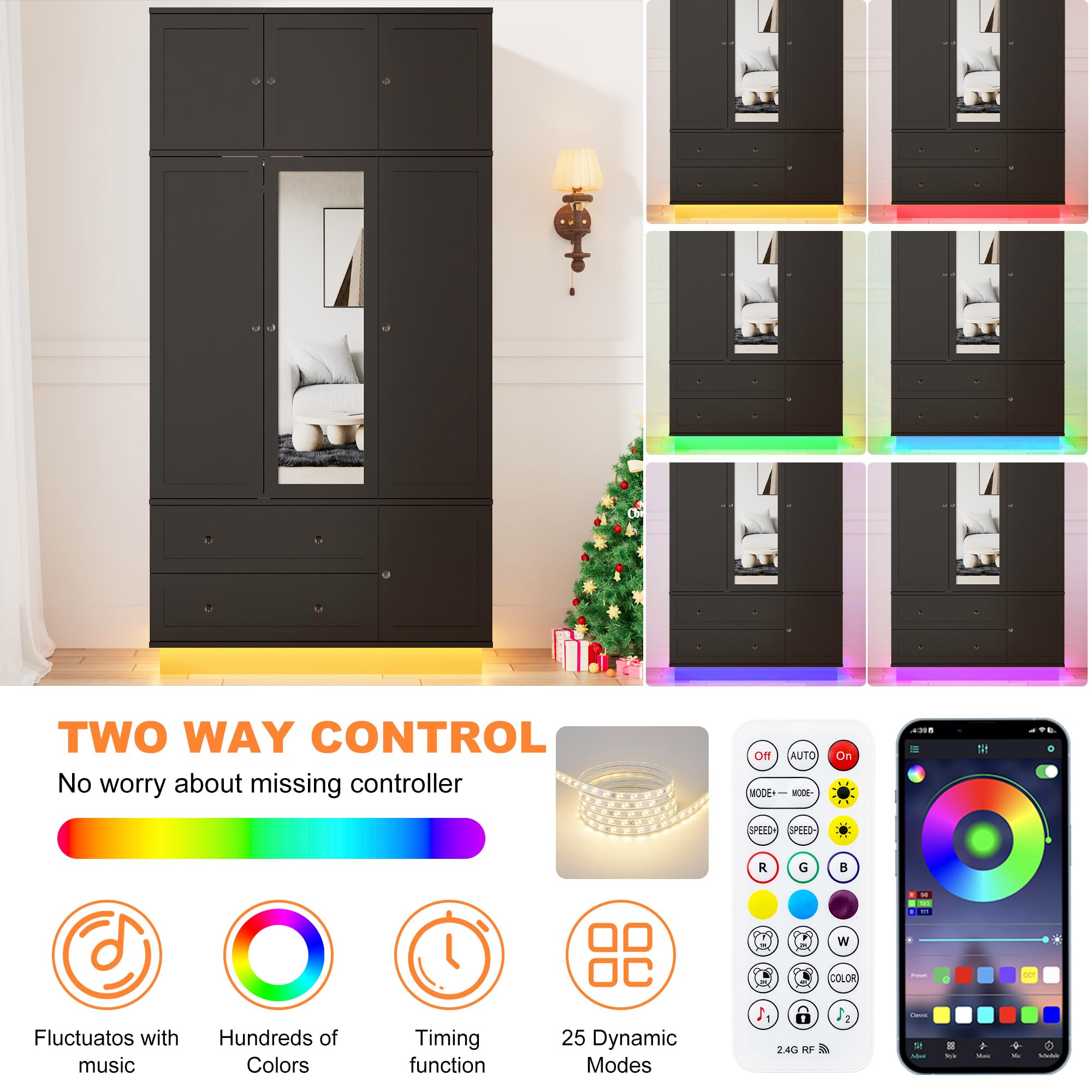 92.2" Tall Armoire Wardrobe Closet with Mirror & Motion Sensor Light, Large Storage Cabinet with 2 Drawers, Hanging Rod & Adjustable LED Strip, Anti-Tipping Wood Bedroom Furniture, 47.4"L, Balck