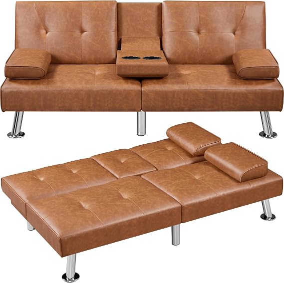 Convertible Futon Sofa Bed with Cup Holders