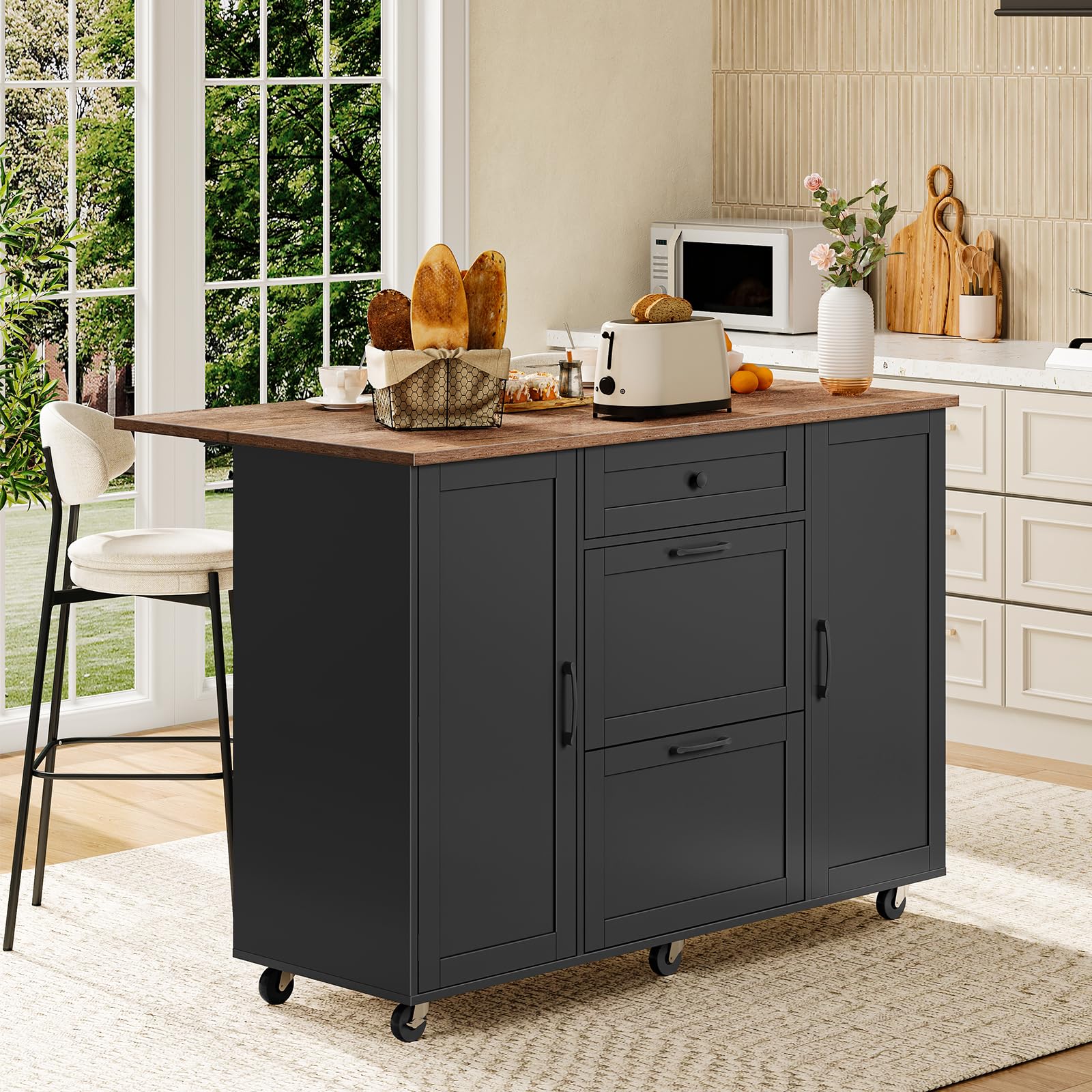 CHOEZON Kitchen Island with Trash Can Cabinet, Drop-Leaf Tabletop & 6 Wheels, 51.2-Inch Rolling Kitchen Cart with Fridge Shelf, Drawers & Adjustable Shelves, Farmhouse Style, Black and Walnut MZD07BL