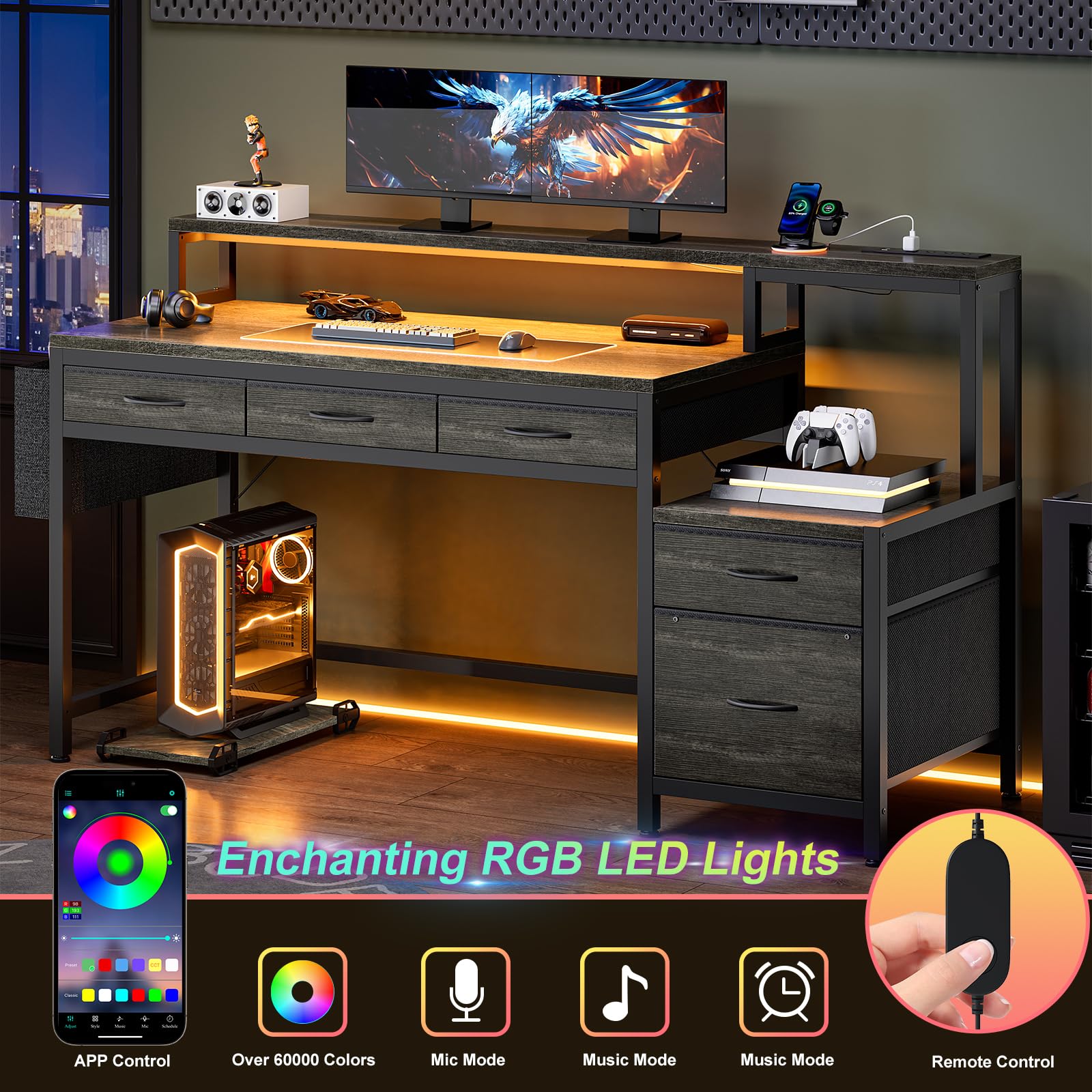 61-Inch Gaming & Computer Desk with Charging Station, LED Lights & Storage
