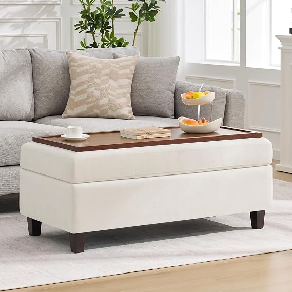 45-Inch Storage Ottoman Bench with Flip-Top Wooden Tray