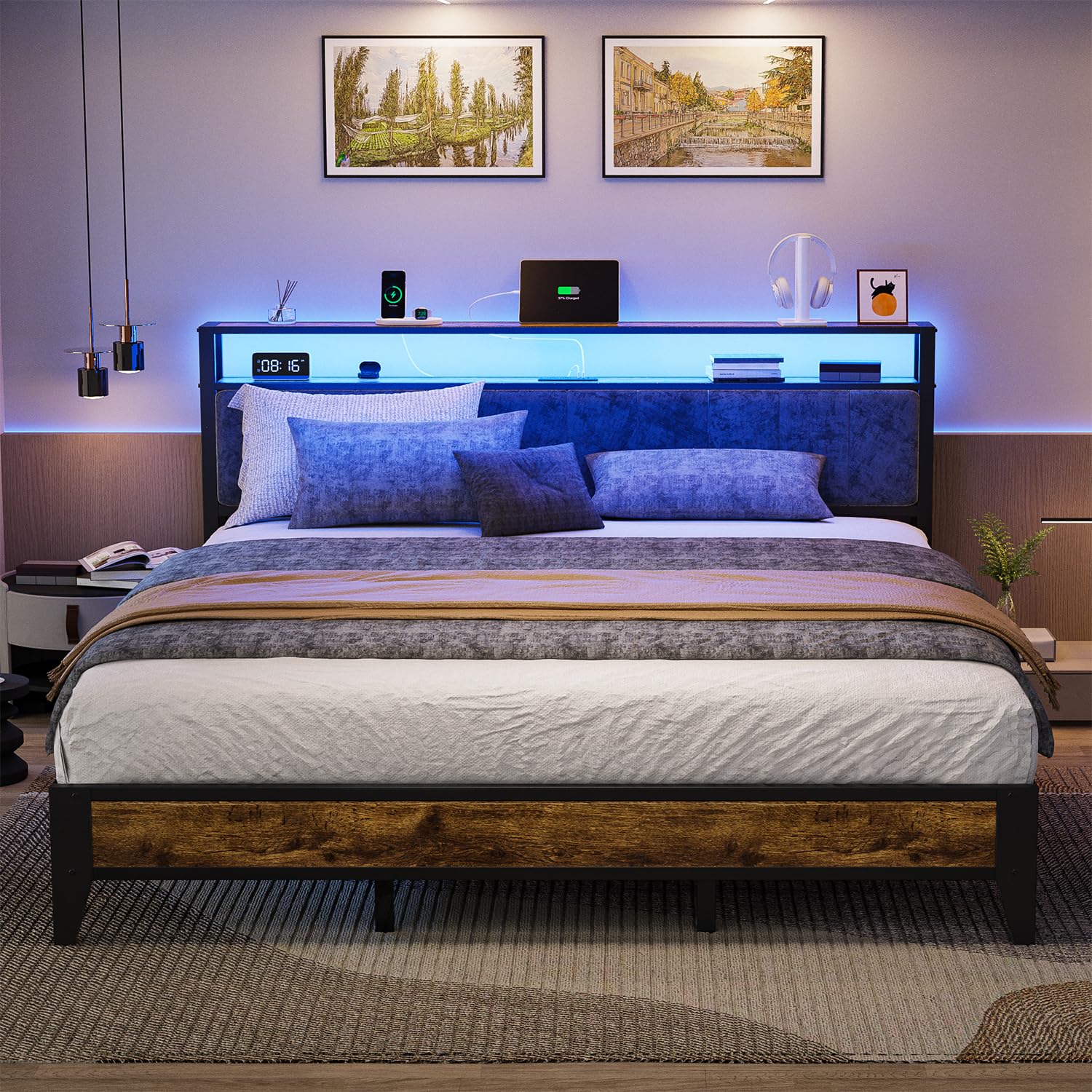 King Platform Bed Frame with LED Headboard & Charging Station