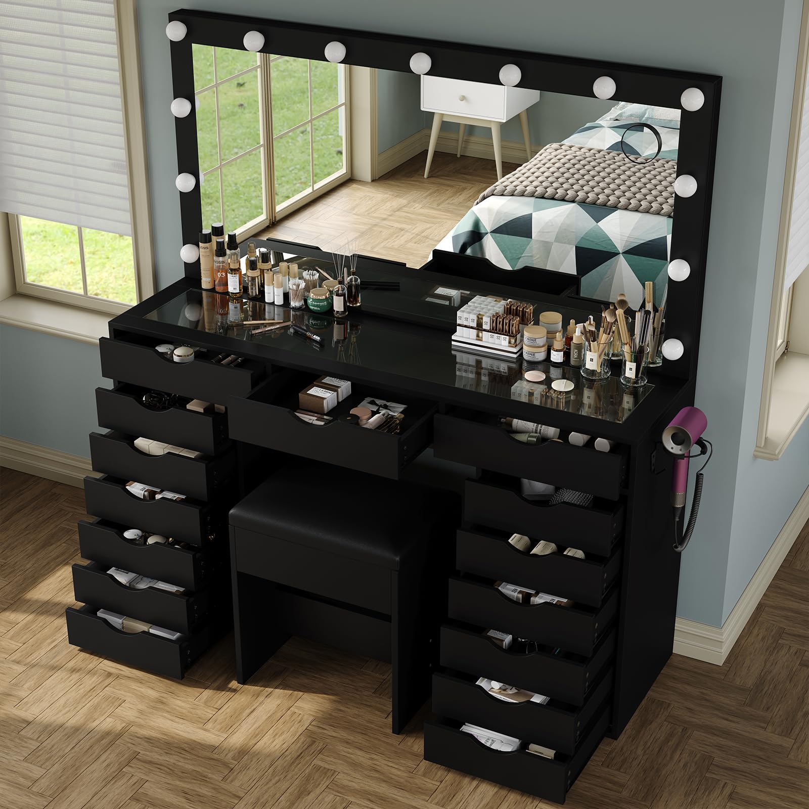 Yanosaku 15 Drawers Vanity Desk with Power Outlet, Makeup Table with Mirror and 13 LED Lights, 3 Color Lighting Modes, Brightness Adjustable, Glass Top Dressing Table, Vanity Set for Bedroom, Black