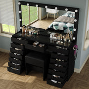 Yanosaku 15 Drawers Vanity Desk with Power Outlet, Makeup Table with Mirror and 13 LED Lights, 3 Color Lighting Modes, Brightness Adjustable, Glass Top Dressing Table, Vanity Set for Bedroom, Black
