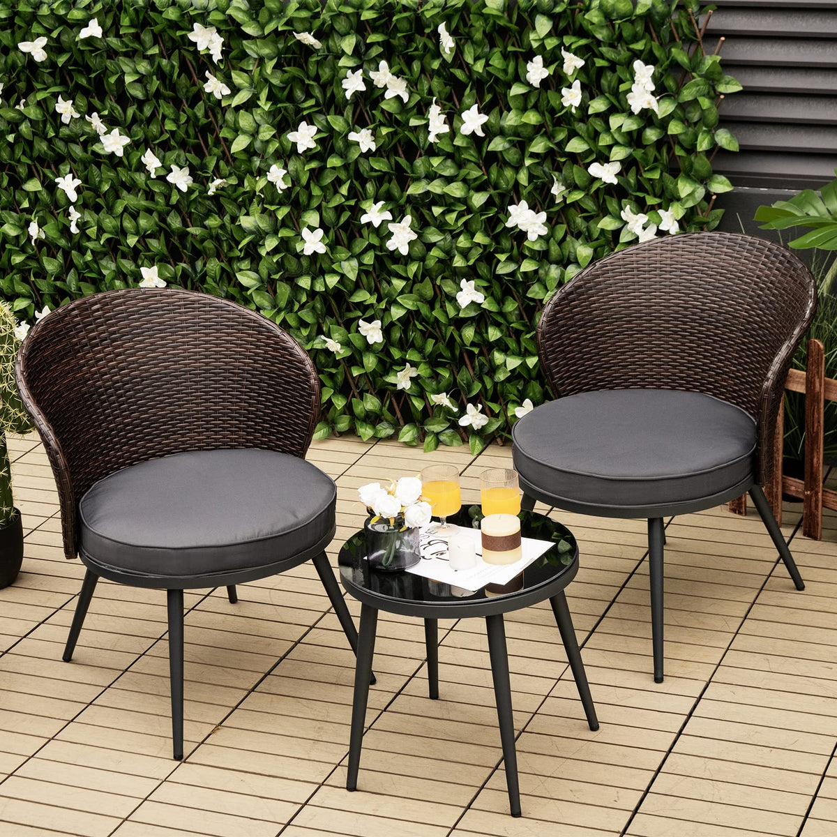 Tangkula 3 Piece Patio Rattan Bistro Set, Outdoor Wicker Conversation Set W/ 2 Seat Cushions, Tempered Glass Tabletop, Adjustable Footpads, Suitable for Indoor, Backyard, Poolside (Gray)