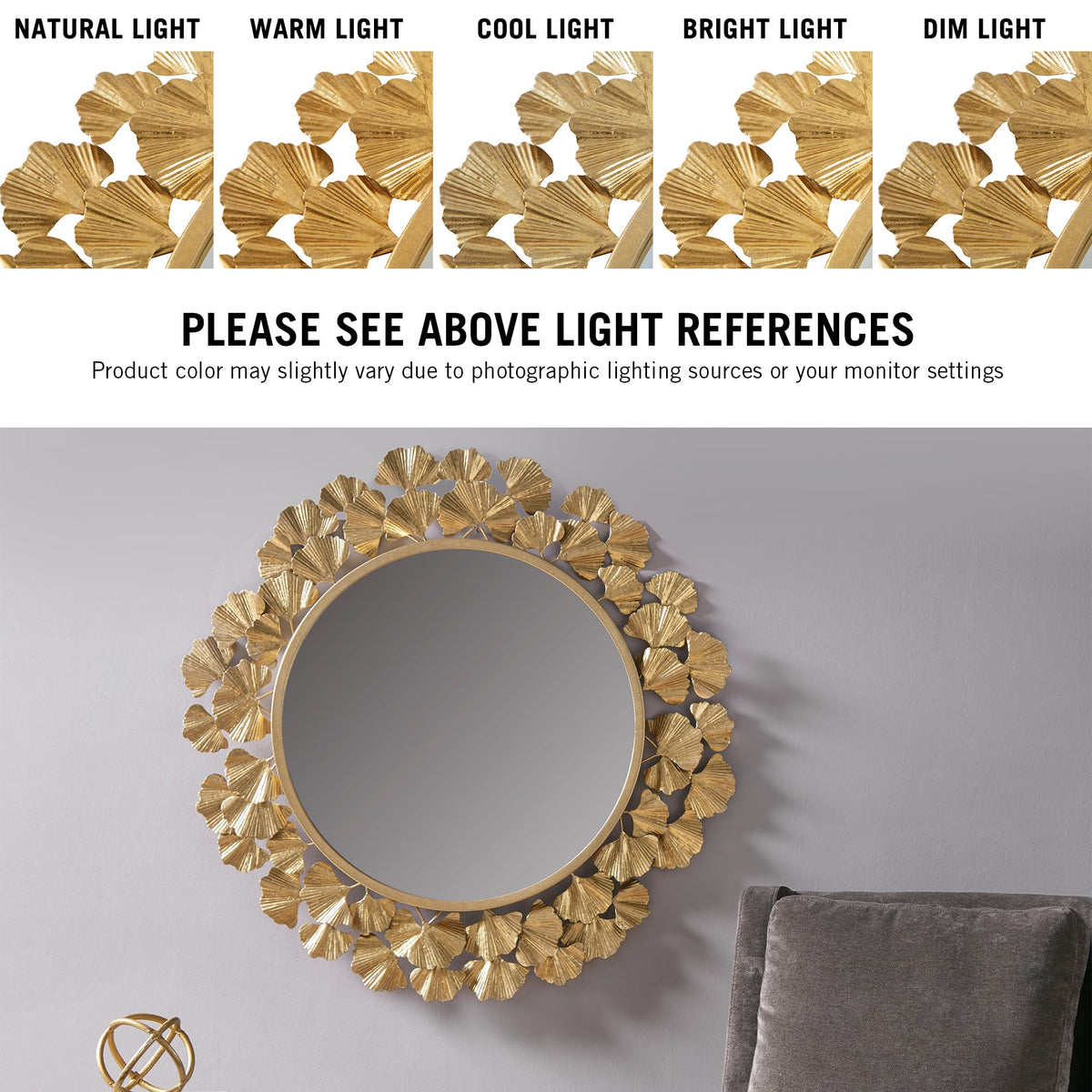 Gold Ginkgo Leaf Round Wall Mirror