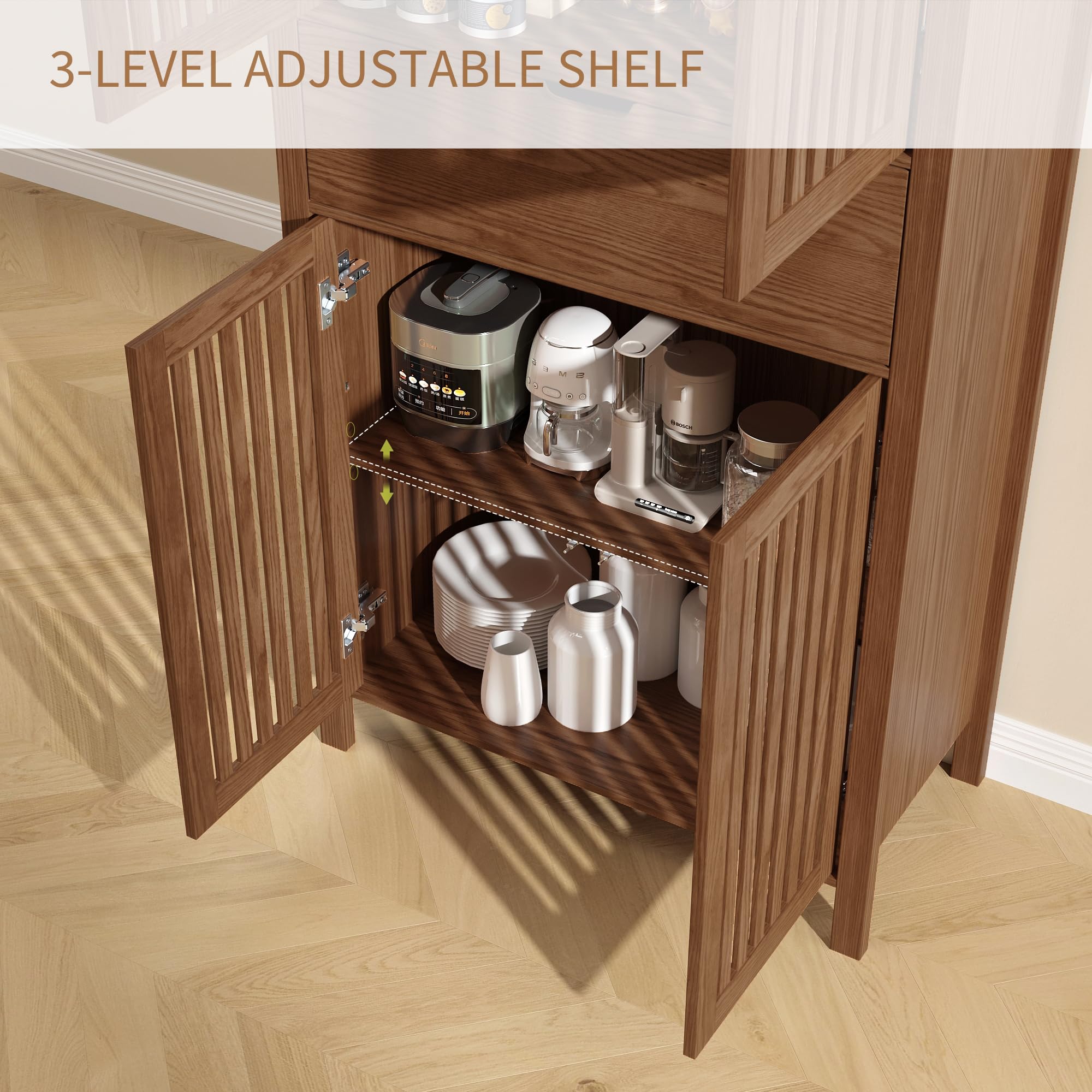 BVIUNTWO 69" Tall Farmhouse Storage Cabinet with Drawer & Adjustable Shelves, Grille Door Organizer Unit, Anti-Tip Design for Bathroom, Kitchen, Living Room, Rustic Brown