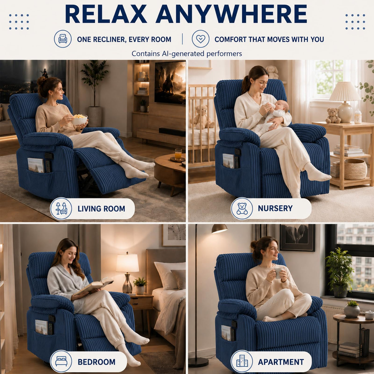 YunKiTech 360° Swivel Rocker Corduroy Manual Recliner Chair 350LBS Blue