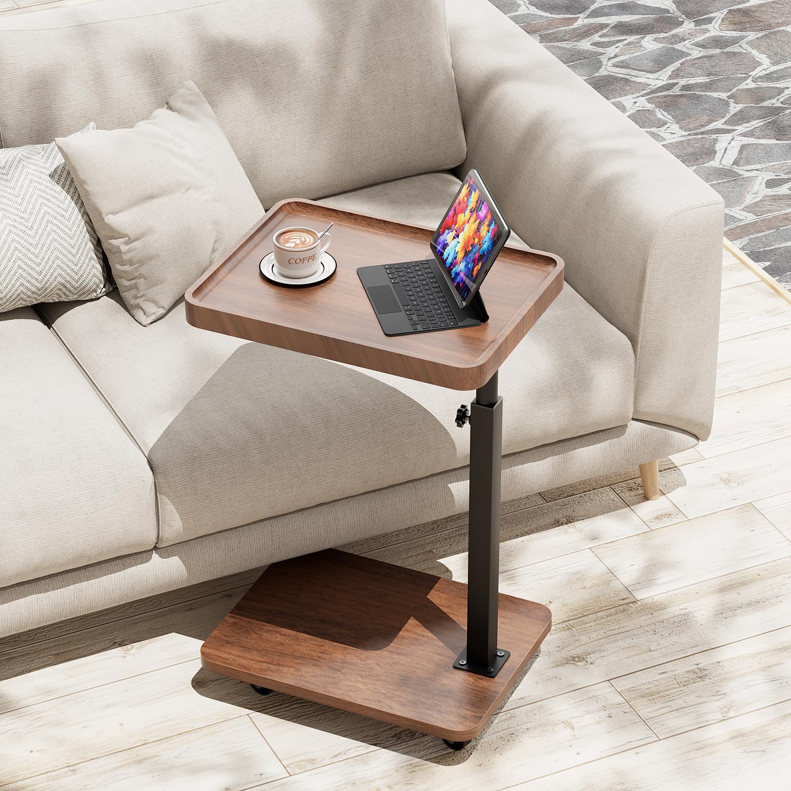 Katrawu TV Tray Table for Eating,Sofa Armrest & 360° Swivel &Height Adjustable End Side Table for Couch,Snack Table for Sofa, Bedroom, Living Room, C Shaped End Table(Brown+Black)