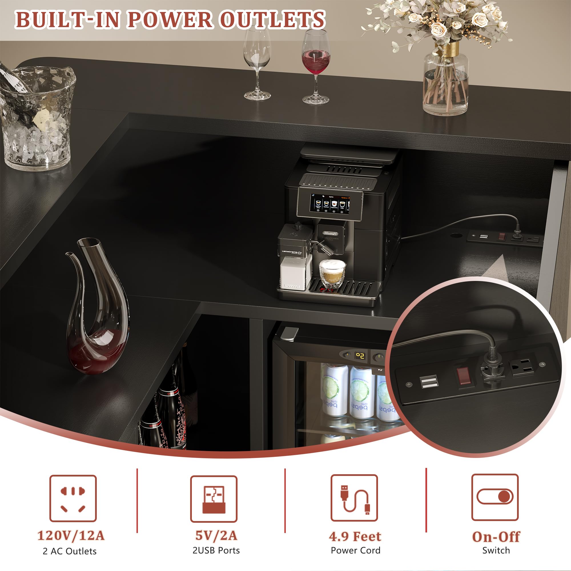 L-Shaped Home Bar Cabinet with Fridge Space, 4-Tier Corner Bar Cabinet with Glass Holder, Liquor Cabinet for Home with Led Lights, Power Outlets, Wine Cabinet for Living Room, Dining Room, Basement
