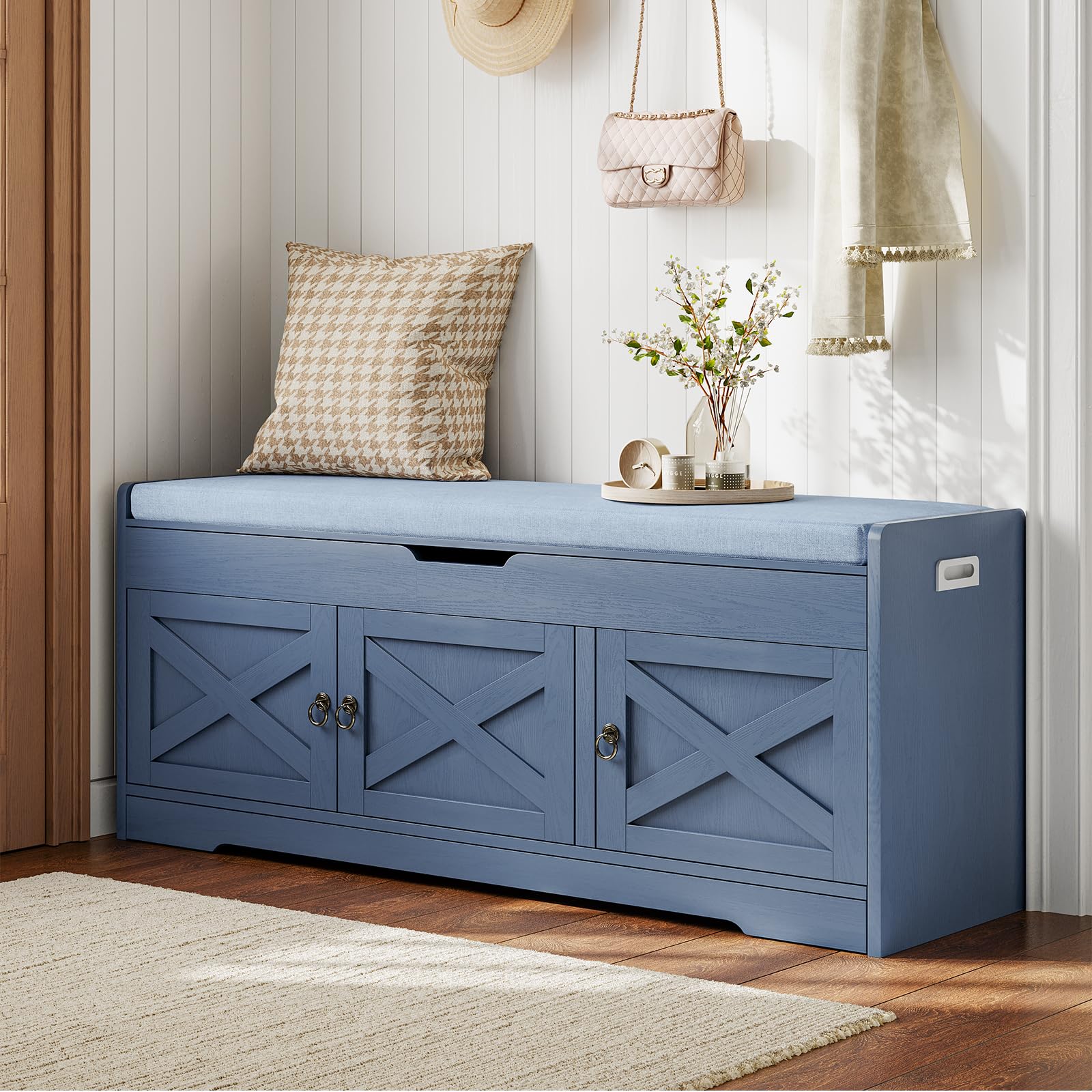 Farmhouse Shoe Storage Bench with Cushion Seat