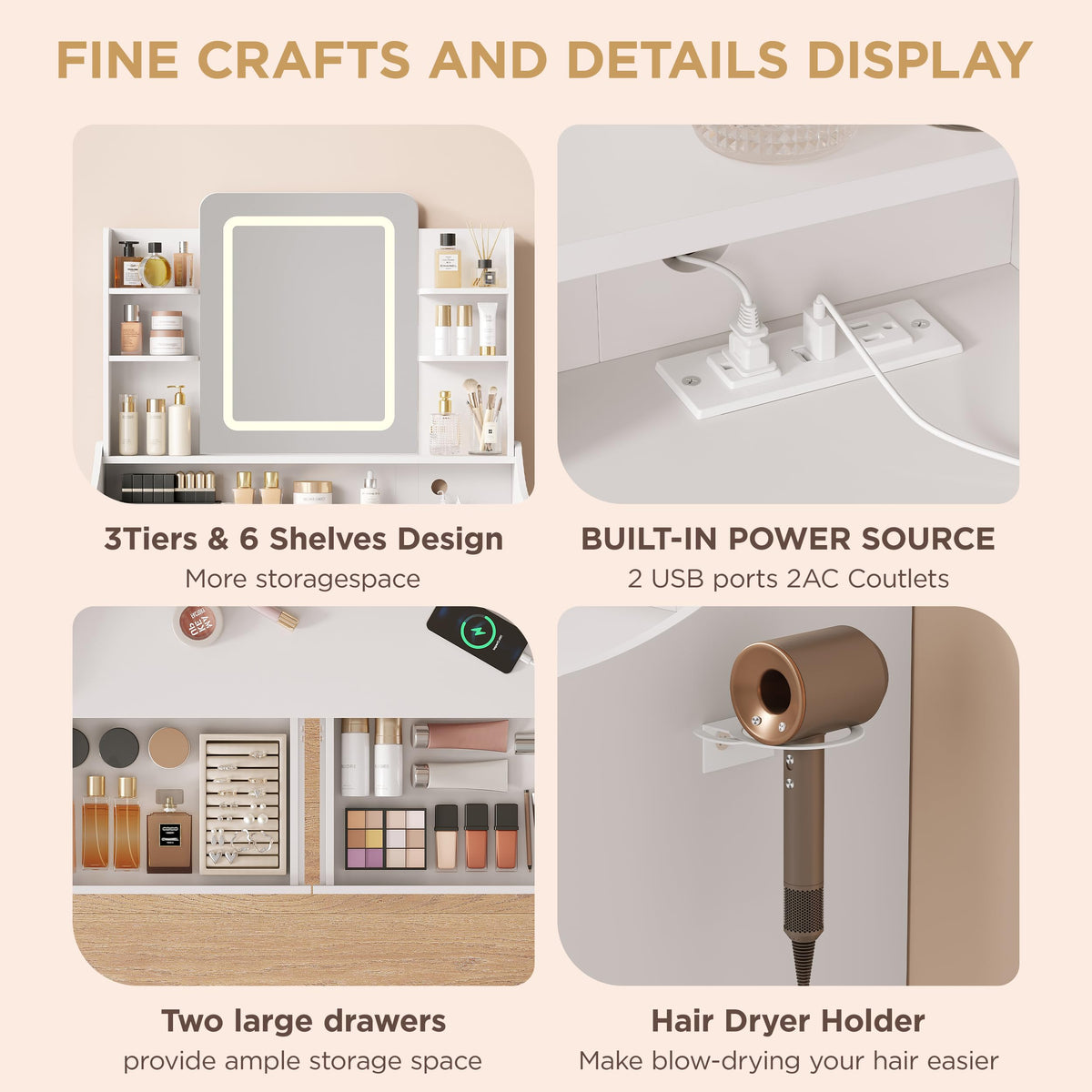 Vabches Vanity Desk with Mirror and Lights, Vanity with Lighted Mirror