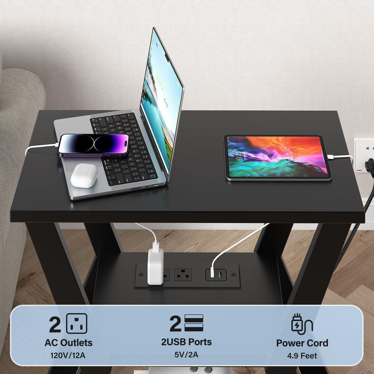 23.6" End Table with Charging Station Set of 2, 3-Tier Nightstand with USB Ports and AC Outlets, Small Space Side Tables for Living Room, Bedroom, or Couch, 3 Tier End Tables with Storage Shelf, Black