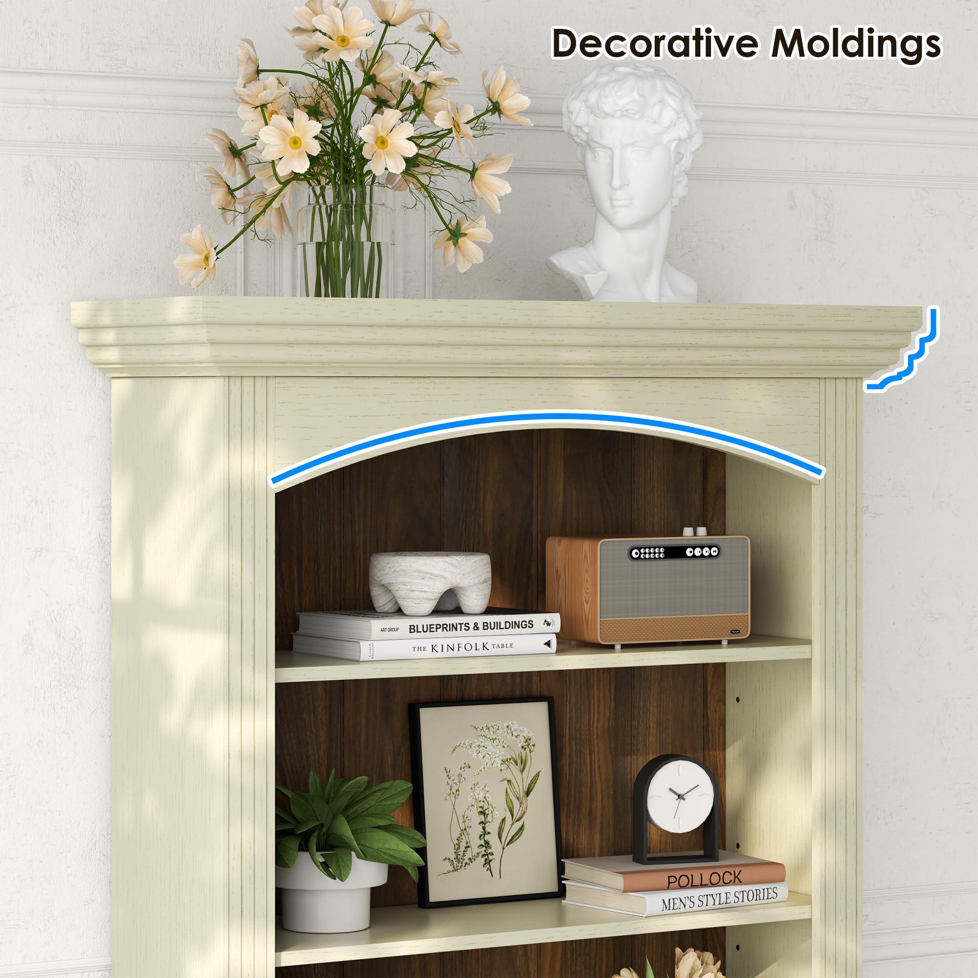 Gyfimoie 71’’ Tall Arched Bookcase with Stroage, Farmhouse 5-Tier Arch Bookshelf with Drawers, Freestanding Book Shelf with Adjustable Shelf and Roman Column Pattern for Home Office (1, White)