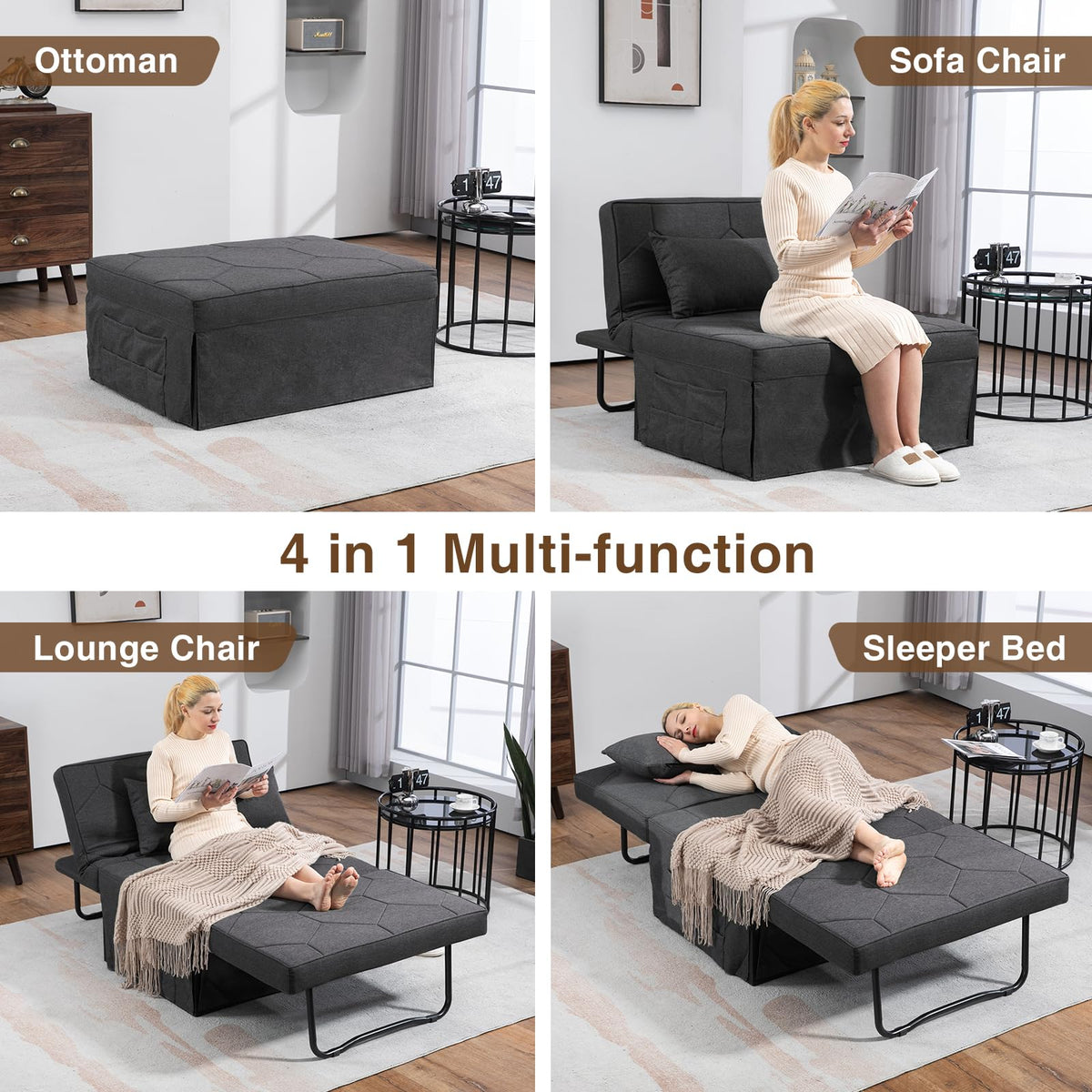 FiveWillowise Sofa Bed, 4 in 1 Multi-Function Fold Ottoman Couch Bed, Dgrey