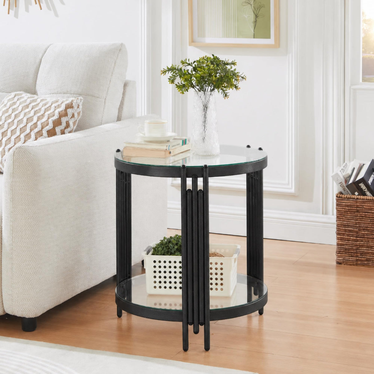 Round Glass End Table with Storage