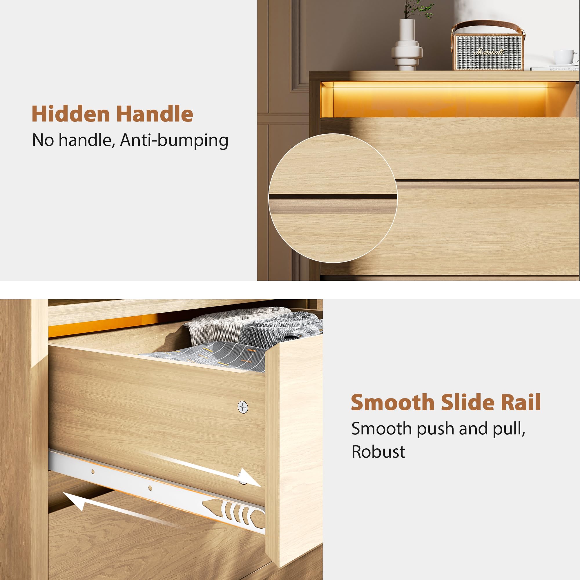 6-Drawer Dresser with RGB LED Light & Hidden Handles