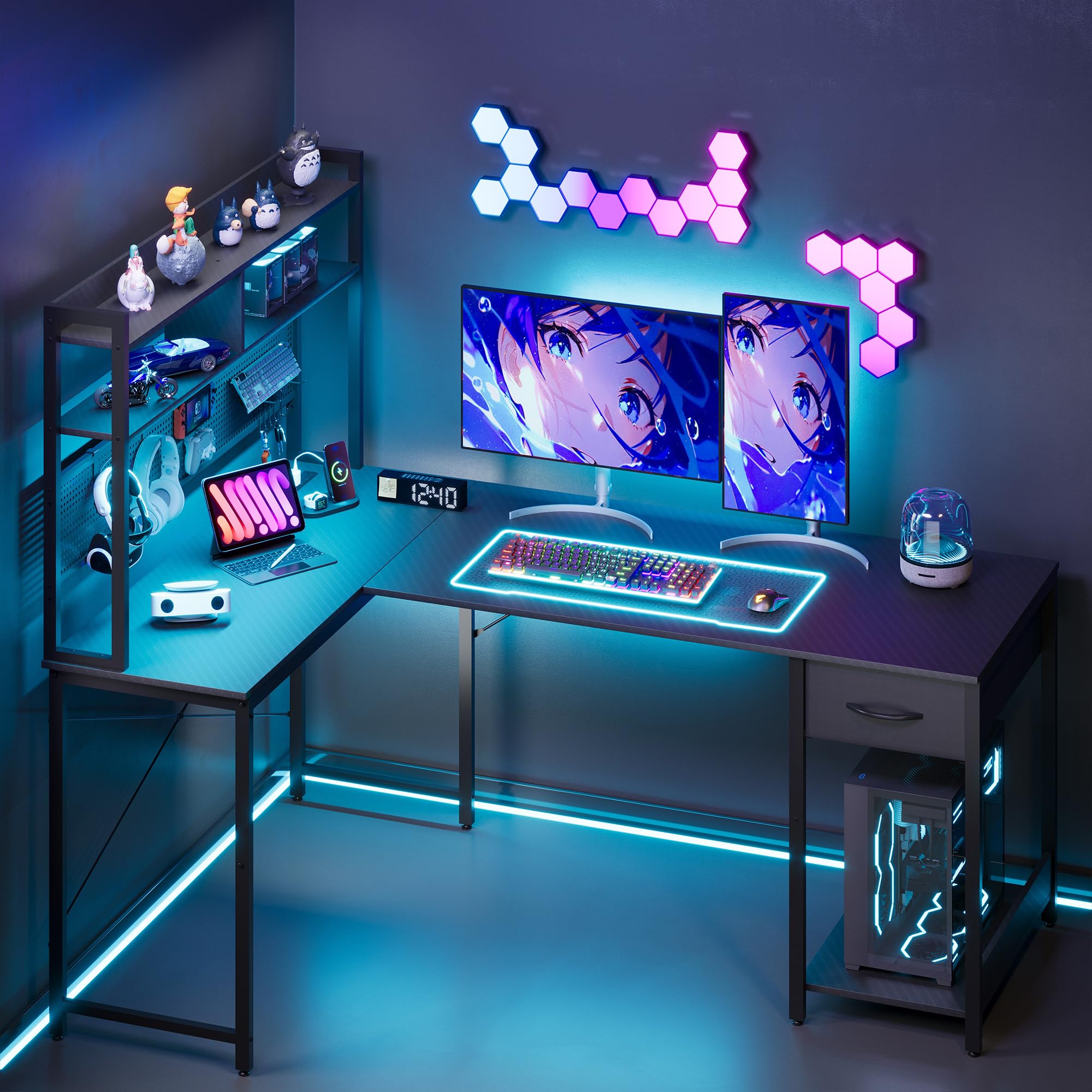 L-Shaped Gaming Desk with RGB LED & USB Charging