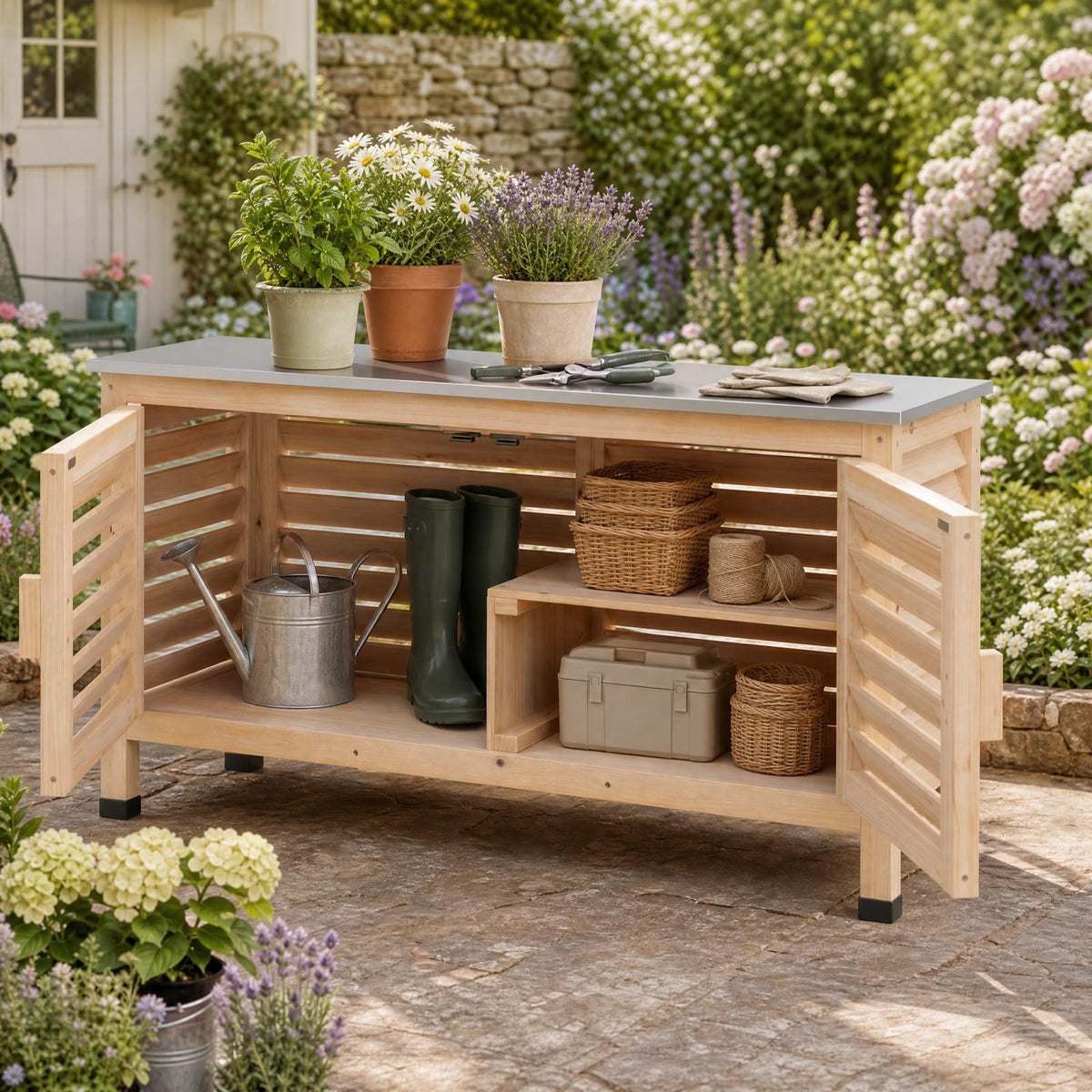 Goplus Patio Storage Cabinet, 2-Door Console Table (Natural)