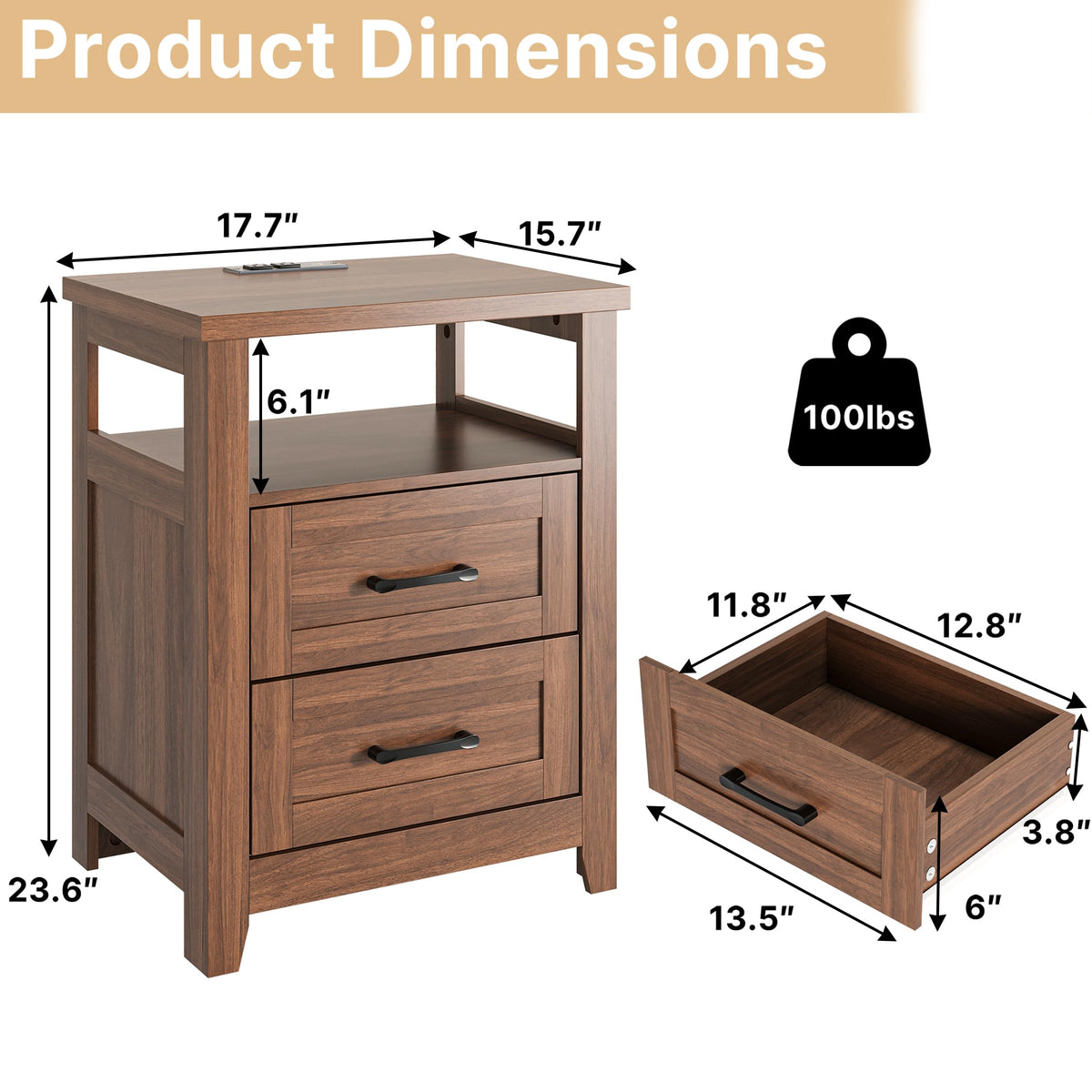 Decofy Farmhouse 2-Drawer Nightstand Set of 2 with Charging Station, Walnut