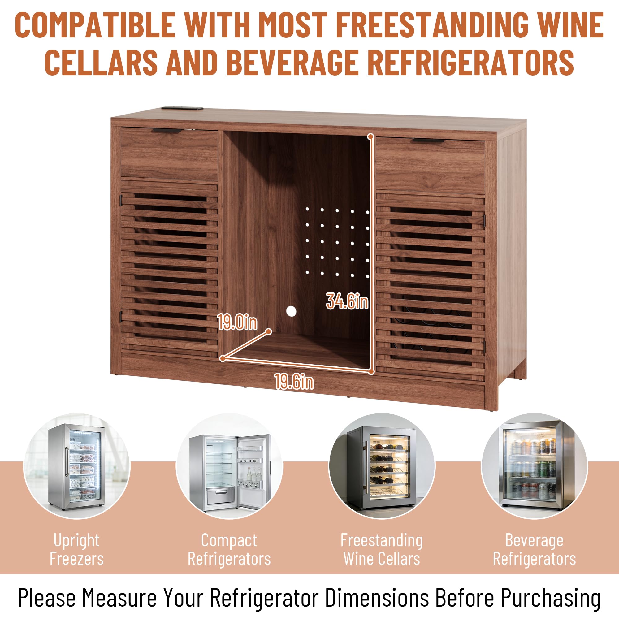 Coffee Bar Cabinet with Fridge Space, Liquor Wine Bar Cabinets with Wine Rack and Glass Holder, Mini Fridge Cabinet with Drawer & Storage, Fluted Buffet Sideboard for Dining Room, Kitchen (Walnut)
