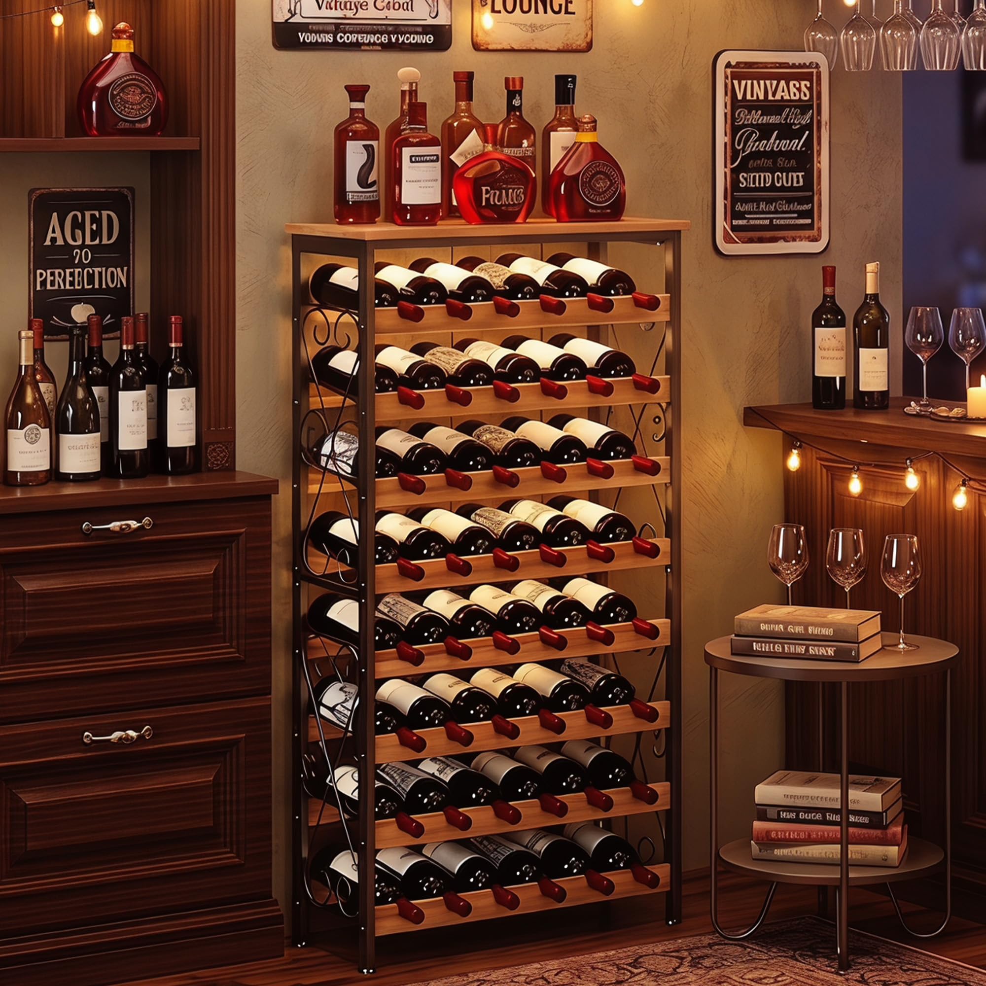 Sonyabecca 48 Bottle Wine Rack Freestanding Floor with Wood Top,8-Tier Wine Storage Shelf with Serving Station, Wine Holder for Kitchen, Bar, Dining Room, Home Bar Cabinet for Wine Bottles, No Wobble