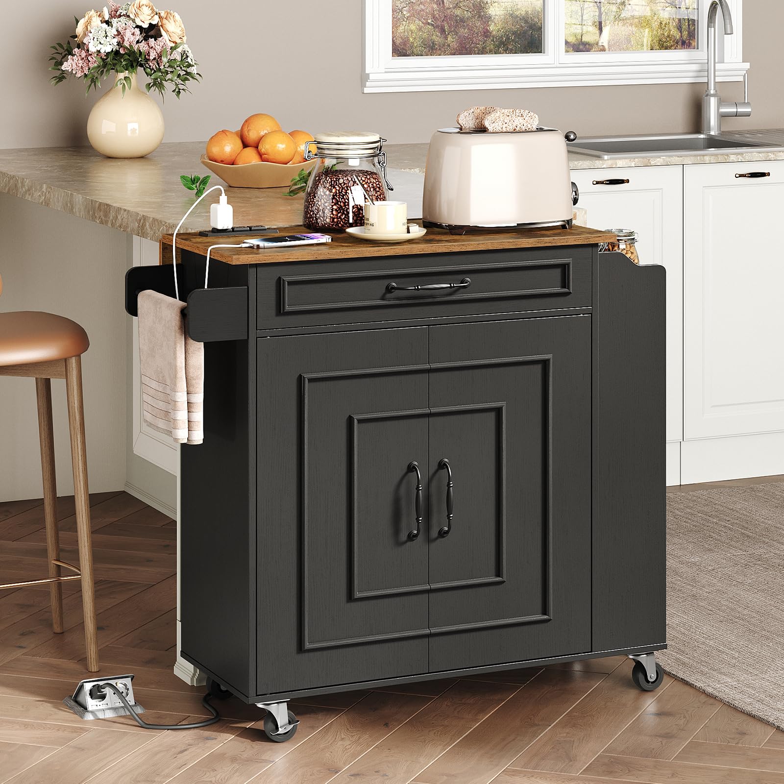 Kitchen Island with Power Outlets & Drop Leaf