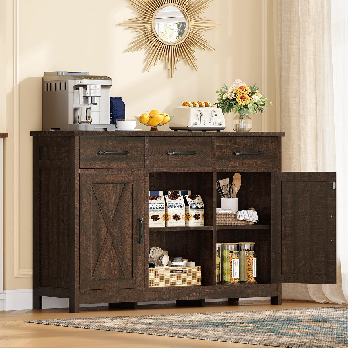 TEENFON Coffee Bar Cabinet with 3 Drawers, Farmhouse Buffet Cabinet