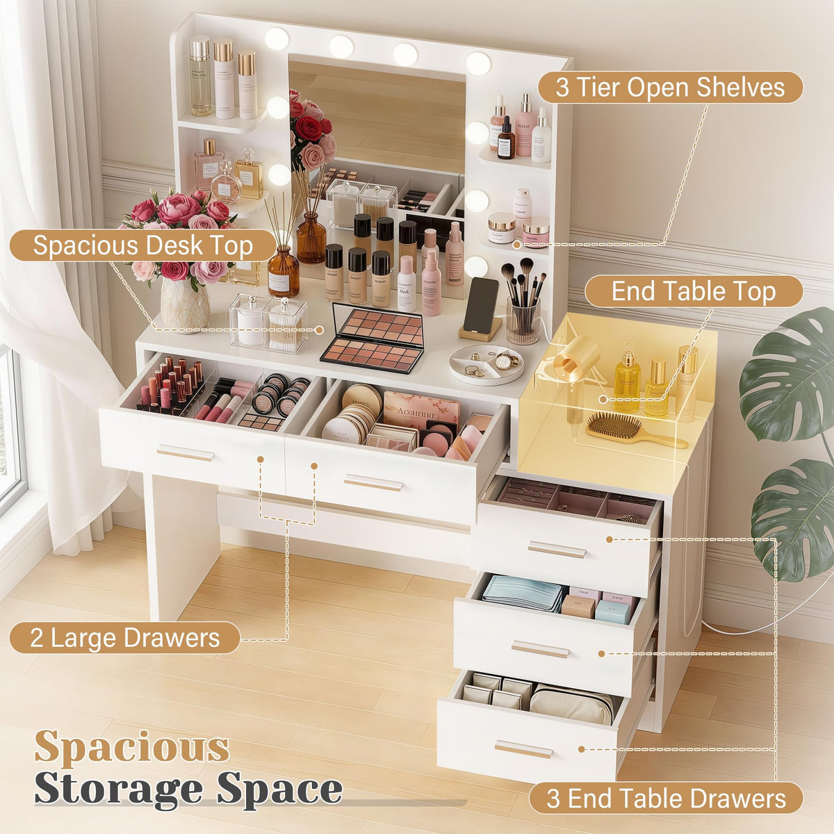 Lighted Makeup Vanity with Charging Station