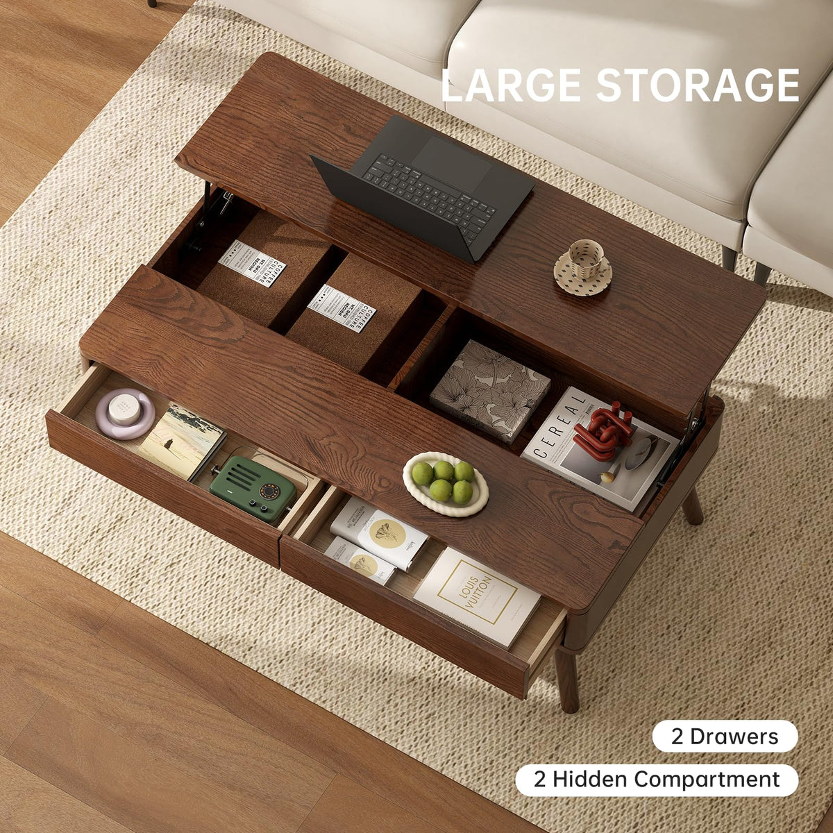 Wayshome Solid Oak Lift Top Coffee Table with Drawers, Walnut, 47.24"