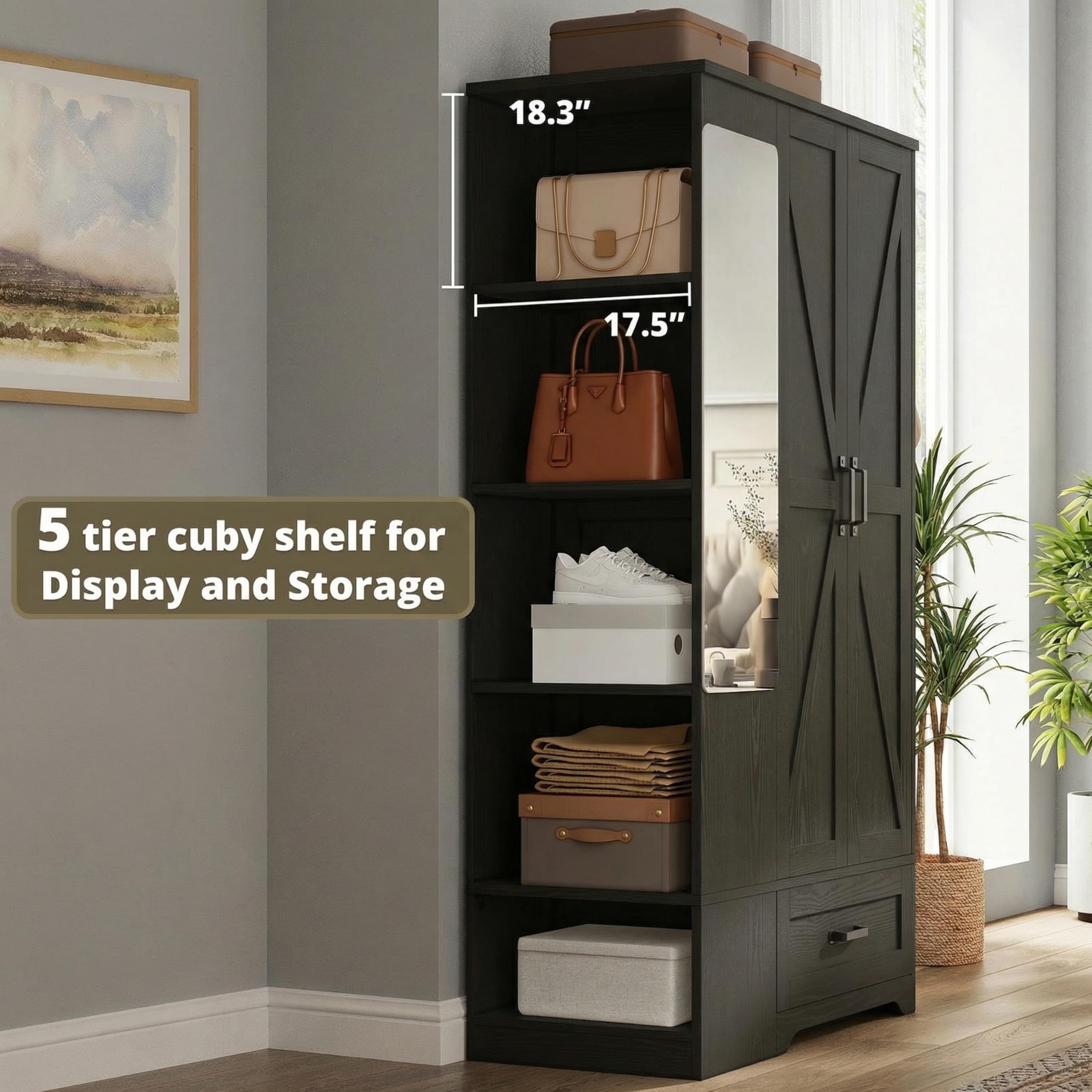 Barn Door Wardrobe Closet with Mirror, Shelves & Drawer