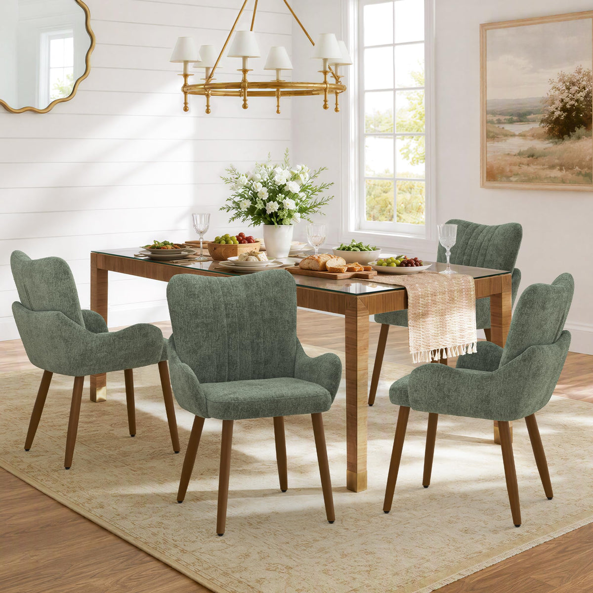 LUE BONA Wingback Upholstered Dining Chair with Arms, Green