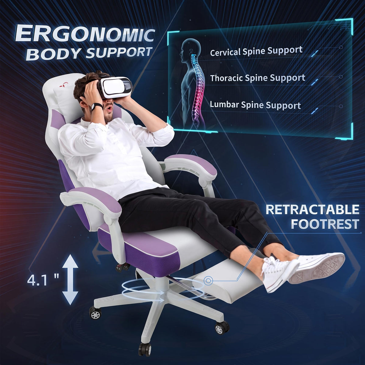 Shintenchi Gaming Chair, Office Chair with Footrest and Lumbar Support, Height Adjustable Game Chair with 360°-Swivel Seat and Headrest and for Office or Gaming (Purple)