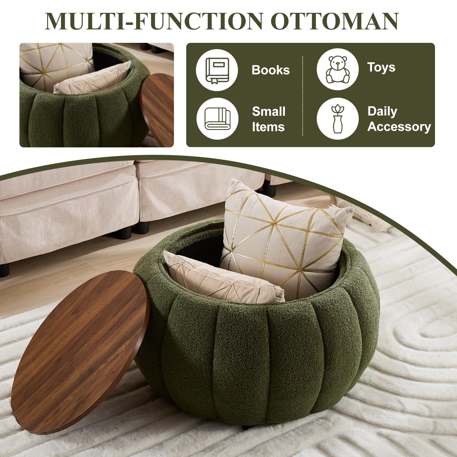 YDcosyfy 30 Inches Round Ottoman Coffee Table with Storage, Upholstered Ottoman in Boucle Teddy Fabric, Wooden Top with Tray, Soft Pumpkin Shape Design,for Living Room, Bedroom, Lounge, Green