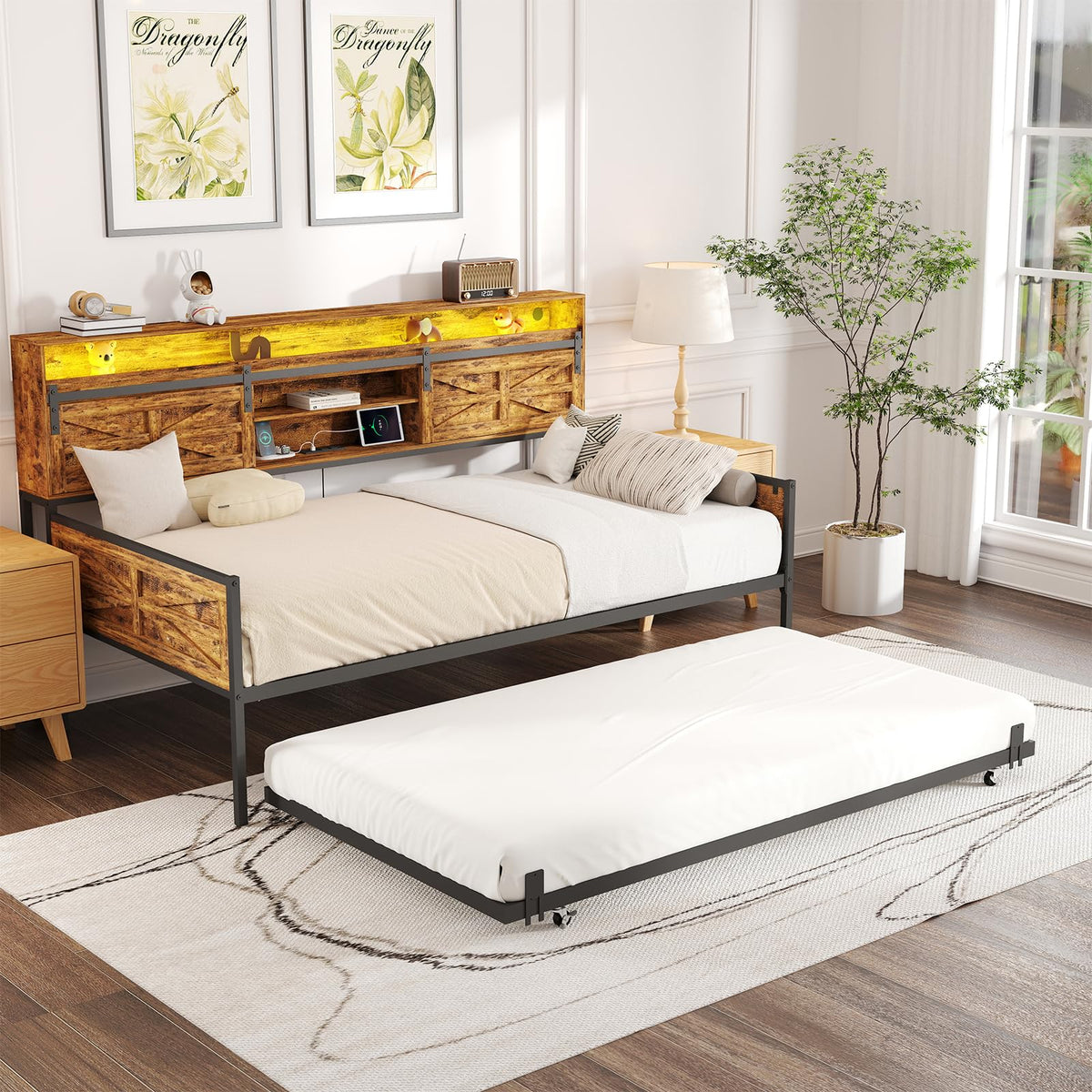 Zevemomo Twin Daybed with Trundle Bed, Rustic Farmhouse Daybed Frame
