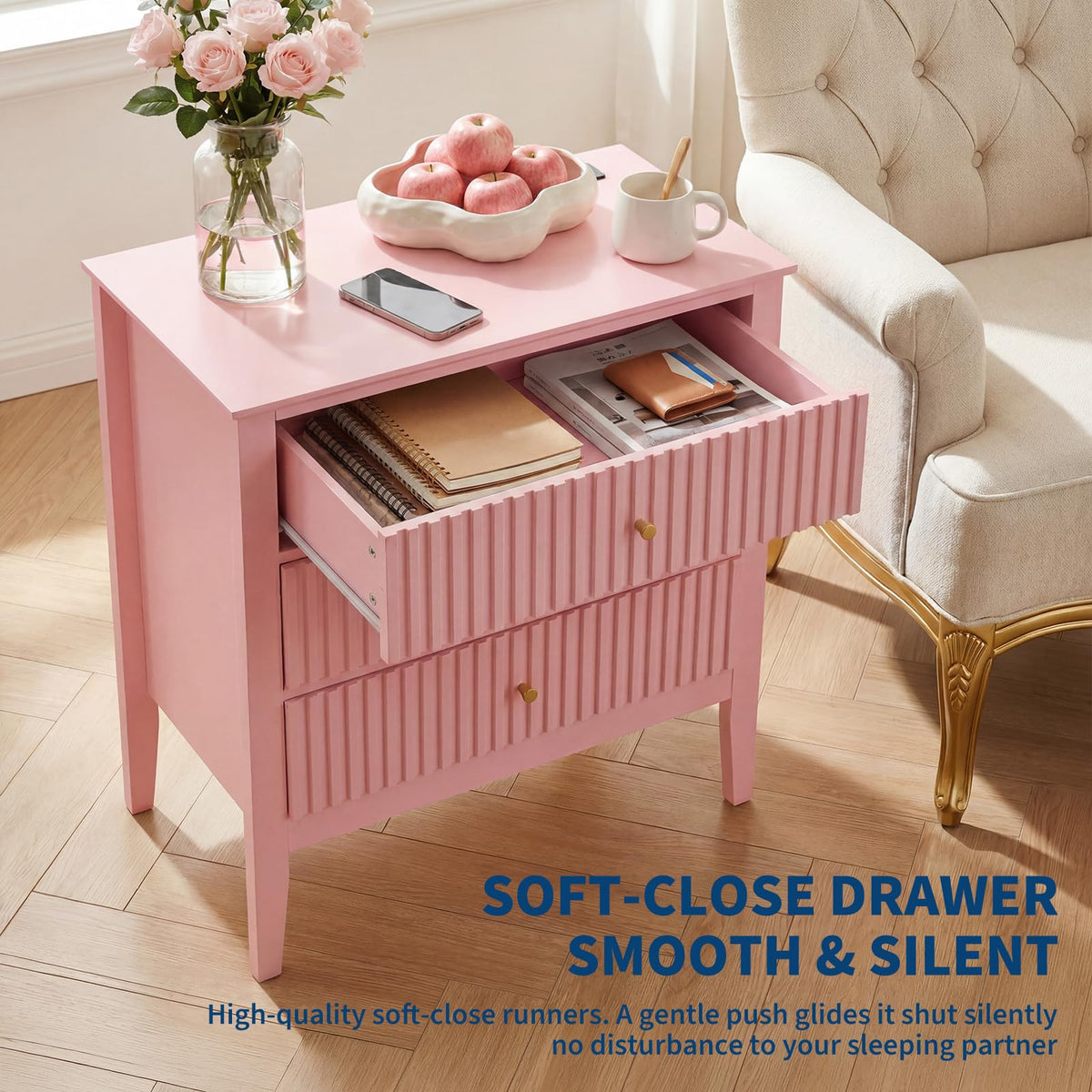 Fluted Nightstand with Charging Station