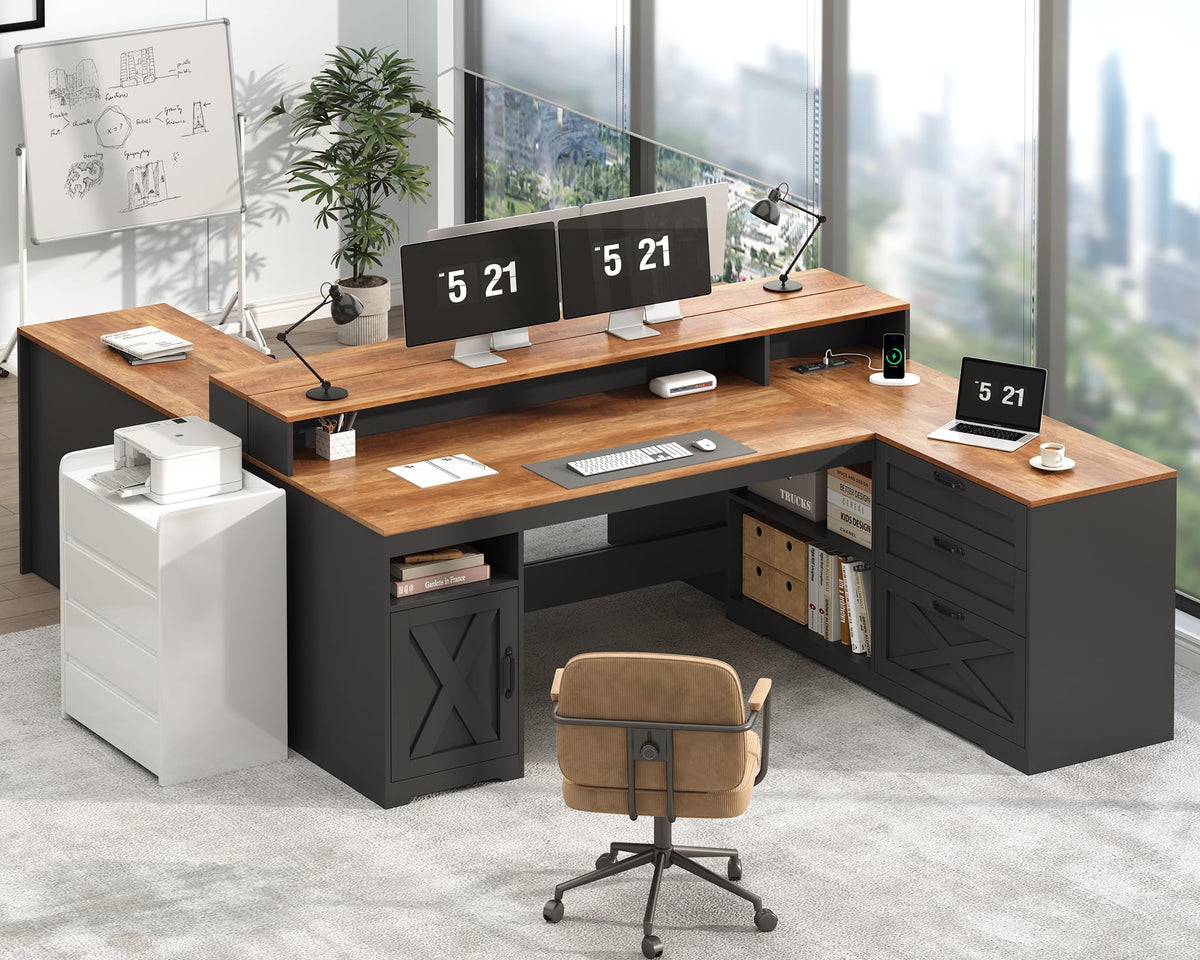 61" Farmhouse L Shaped Desk with Drawers ＆ Storage Shelves for Home Office