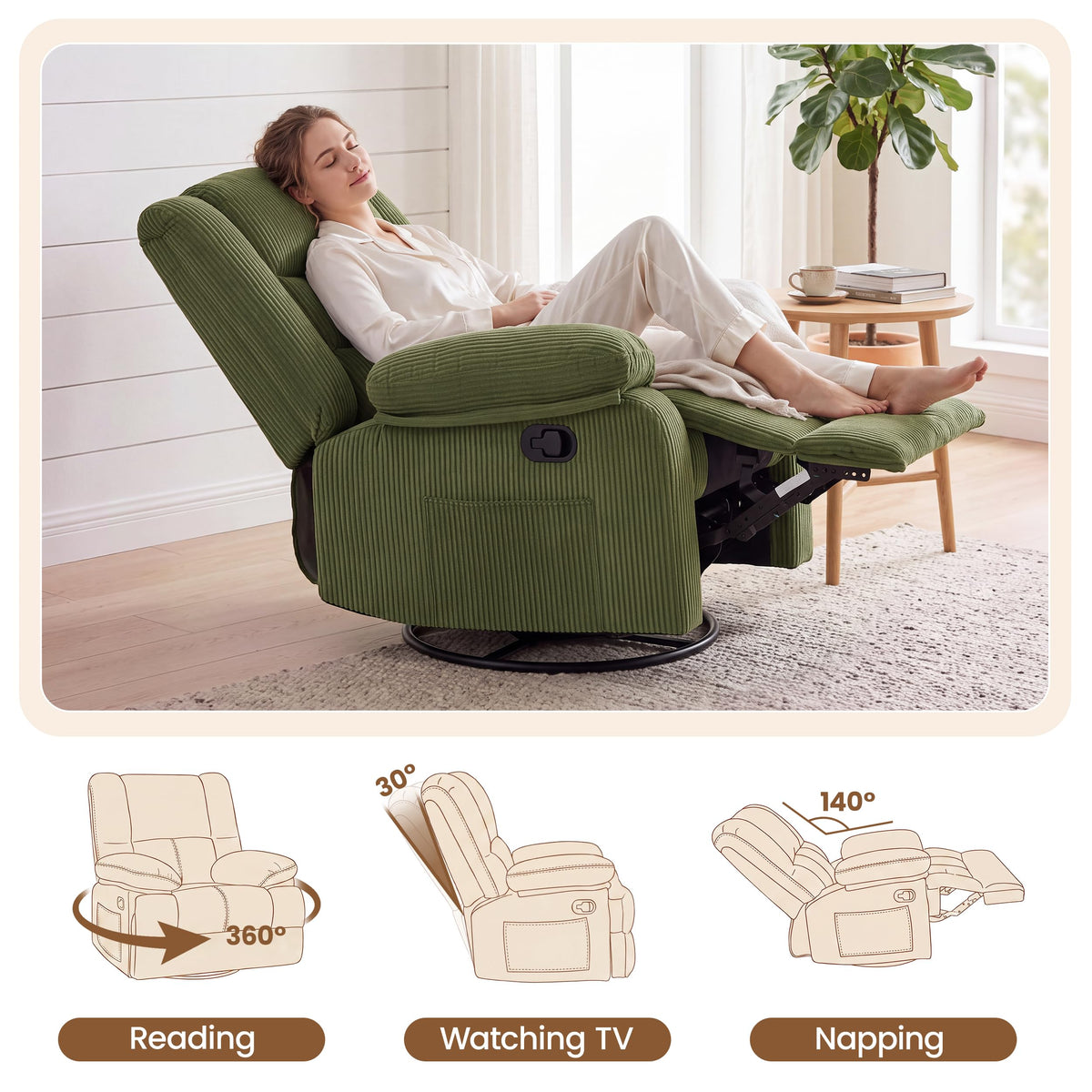 Corduroy Swivel Rocker Recliner