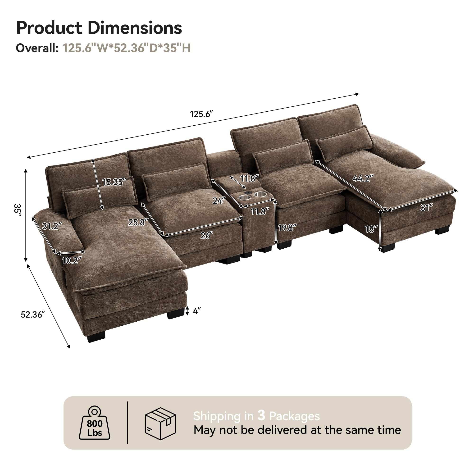 125" U Shaped Modular Cloud Couch, Small Deep Seat Sectional Sofa with Center Storage Console, USB Ports & Cup Holders, Comfy Couches for Living Room, Chenille Brown