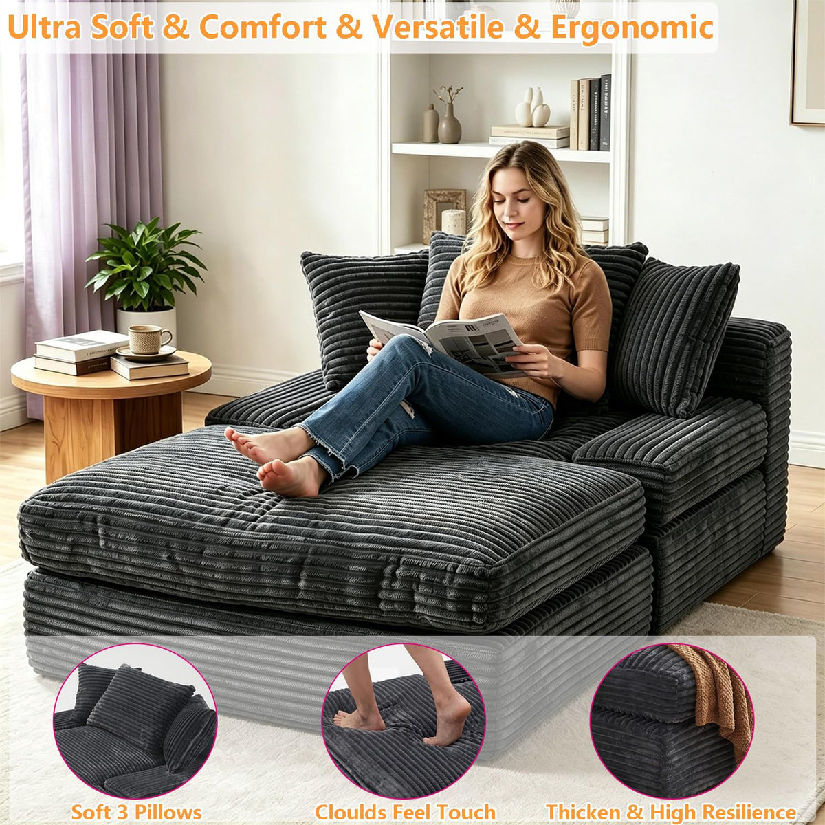 Vipbear Chaise Lounge Chair,69" Oversized Boneless Couch with 3 Pillows