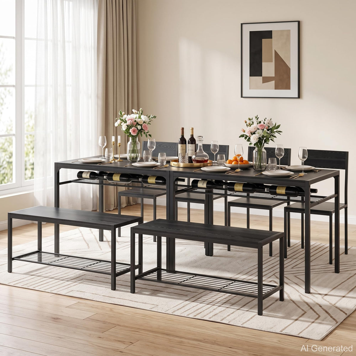 VECELO Kitchen Dining Room Table with 2 Chairs & Bench, Compact Space-Saving Design, Easy Assembly Steel Frame, Perfect for Small Apartments & Breakfast Nooks，Classic Black
