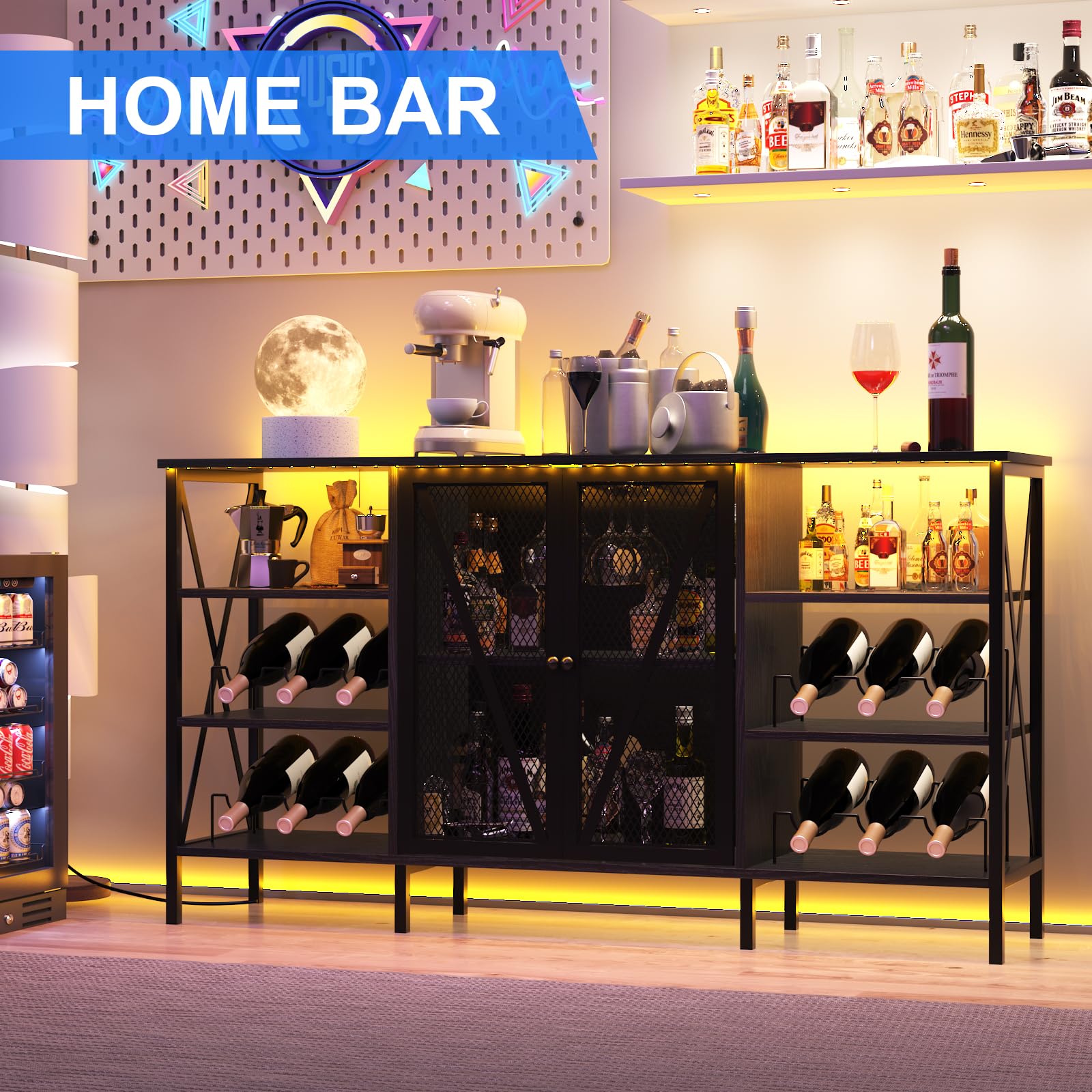 Industrial Wine Bar Cabinet with LED Light