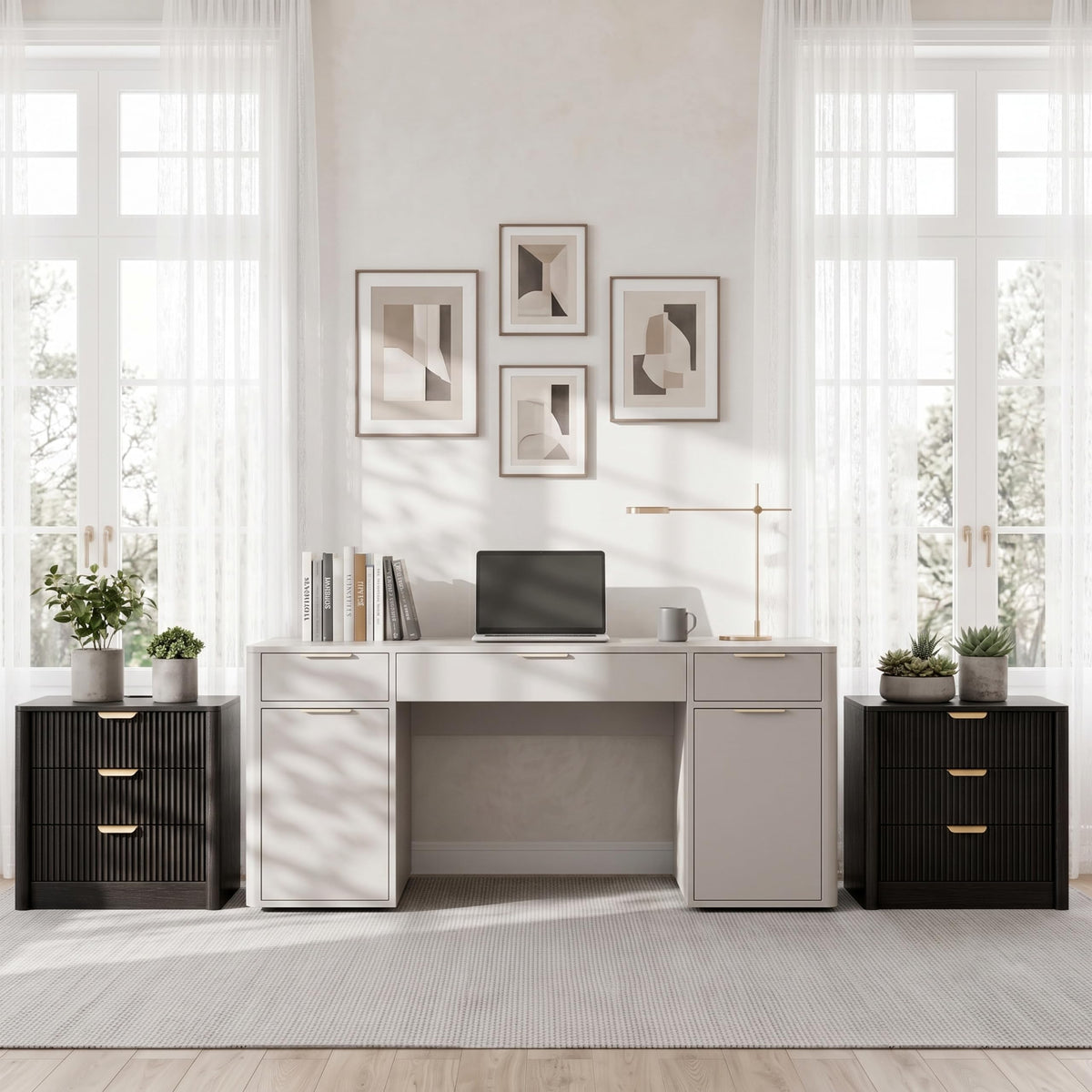 PLRSOZIM 23.6" Black Fluted Nightstand with Charging Station and 3 Drawers