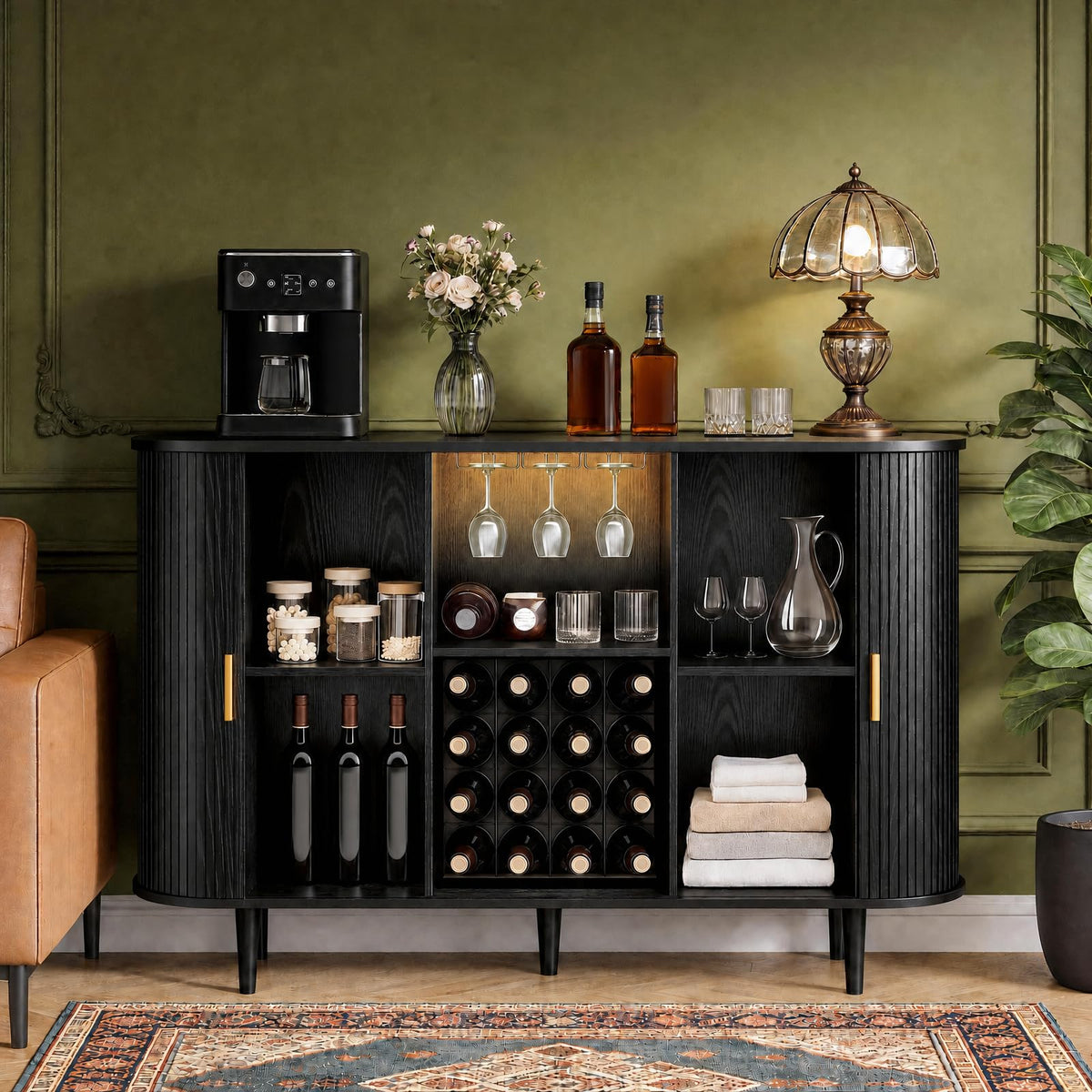 Black Fluted Wine Cabinet with LED Lights