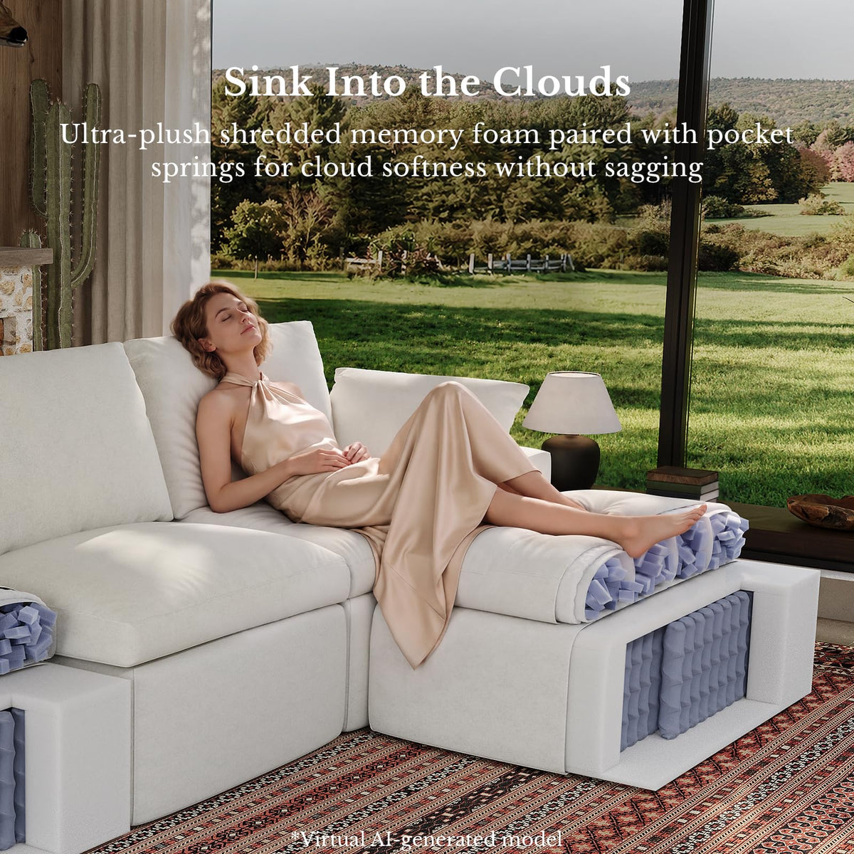 Maywish Cloud Couch, 104" L Shaped Boneless Modular Sectional Sofa, White