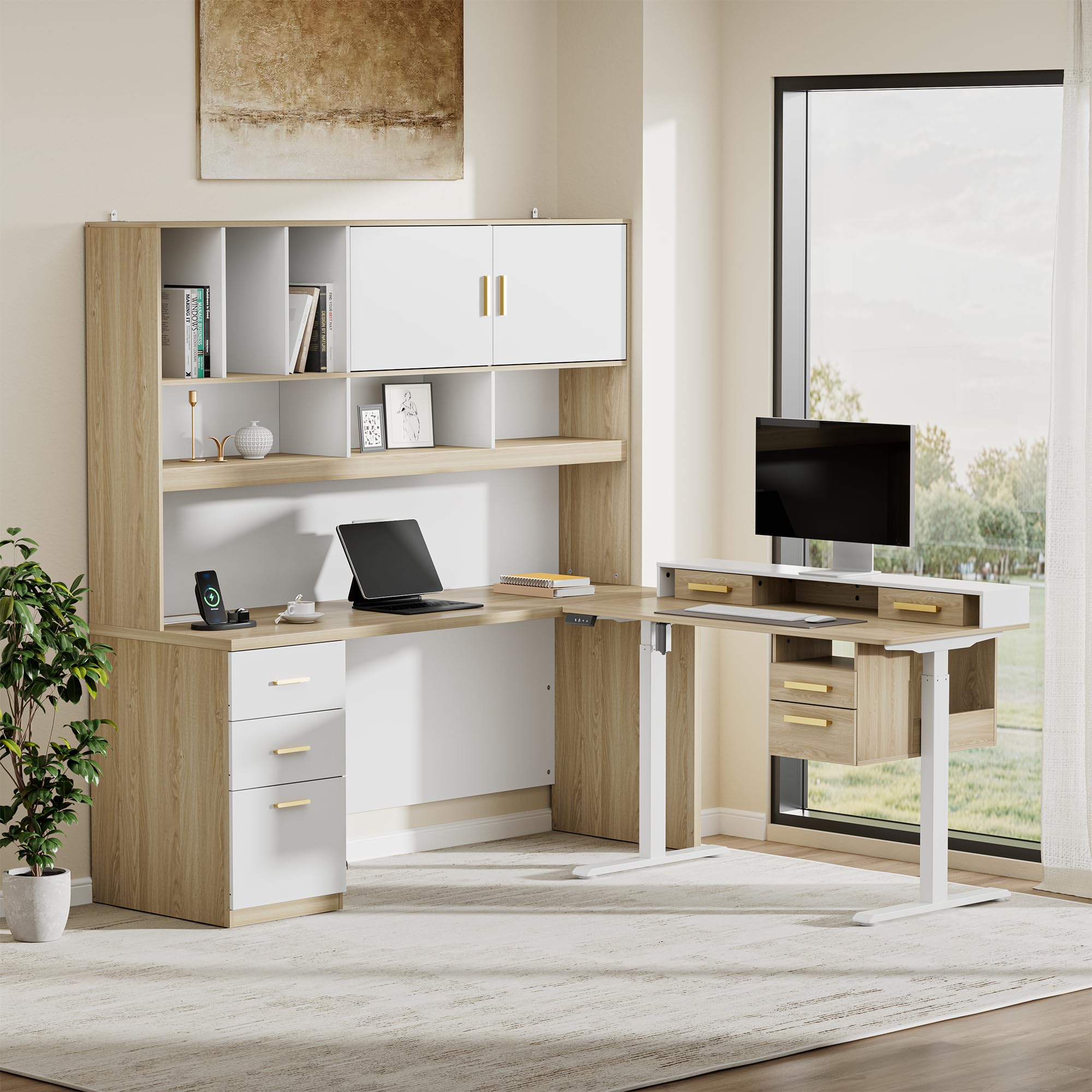 Electric Standing Desk Set with Hutch & Executive Desk