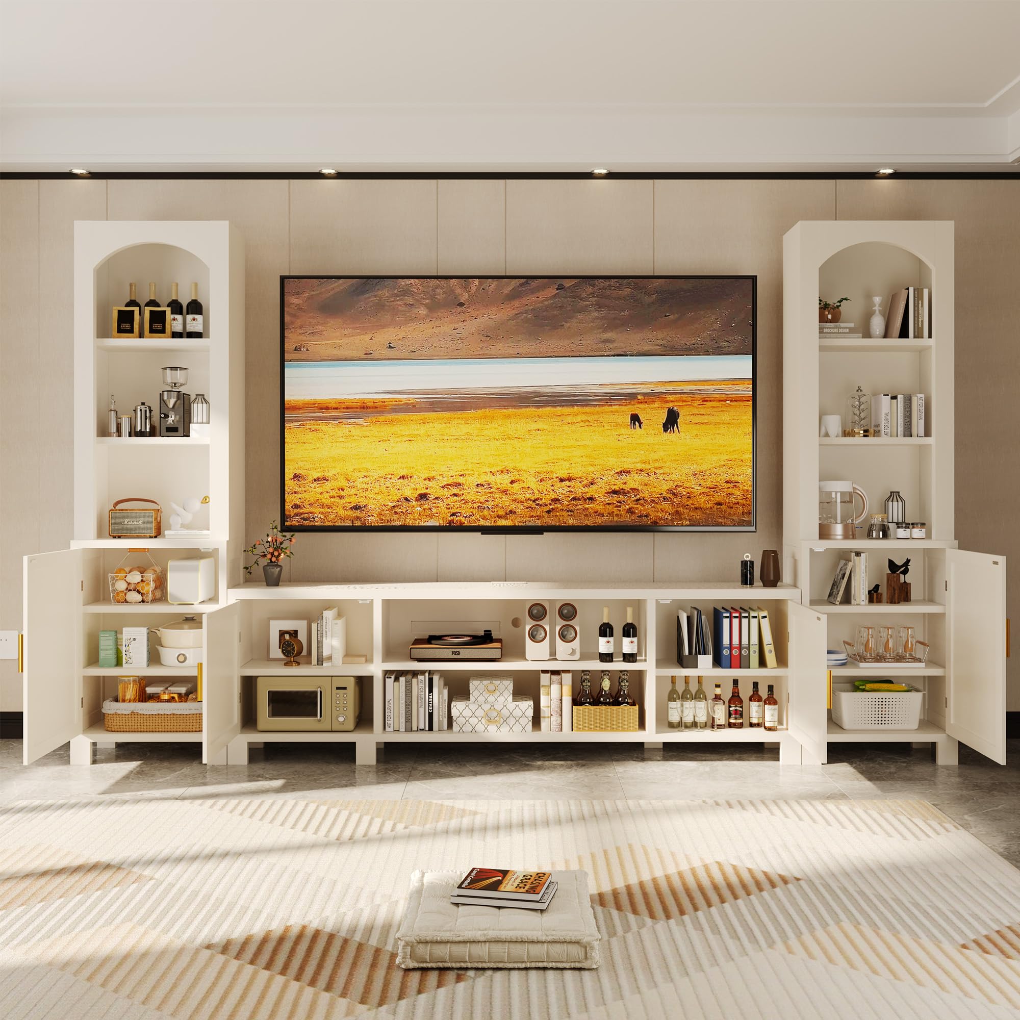 AwayHome 3-Piece Entertainment Center with Bookshelves for TVs up to 70", 94" W Large Wall Unit TV Stand with Power Outlets & Storage Cabinets, Modern White Media Console for Living Room, Bedroom